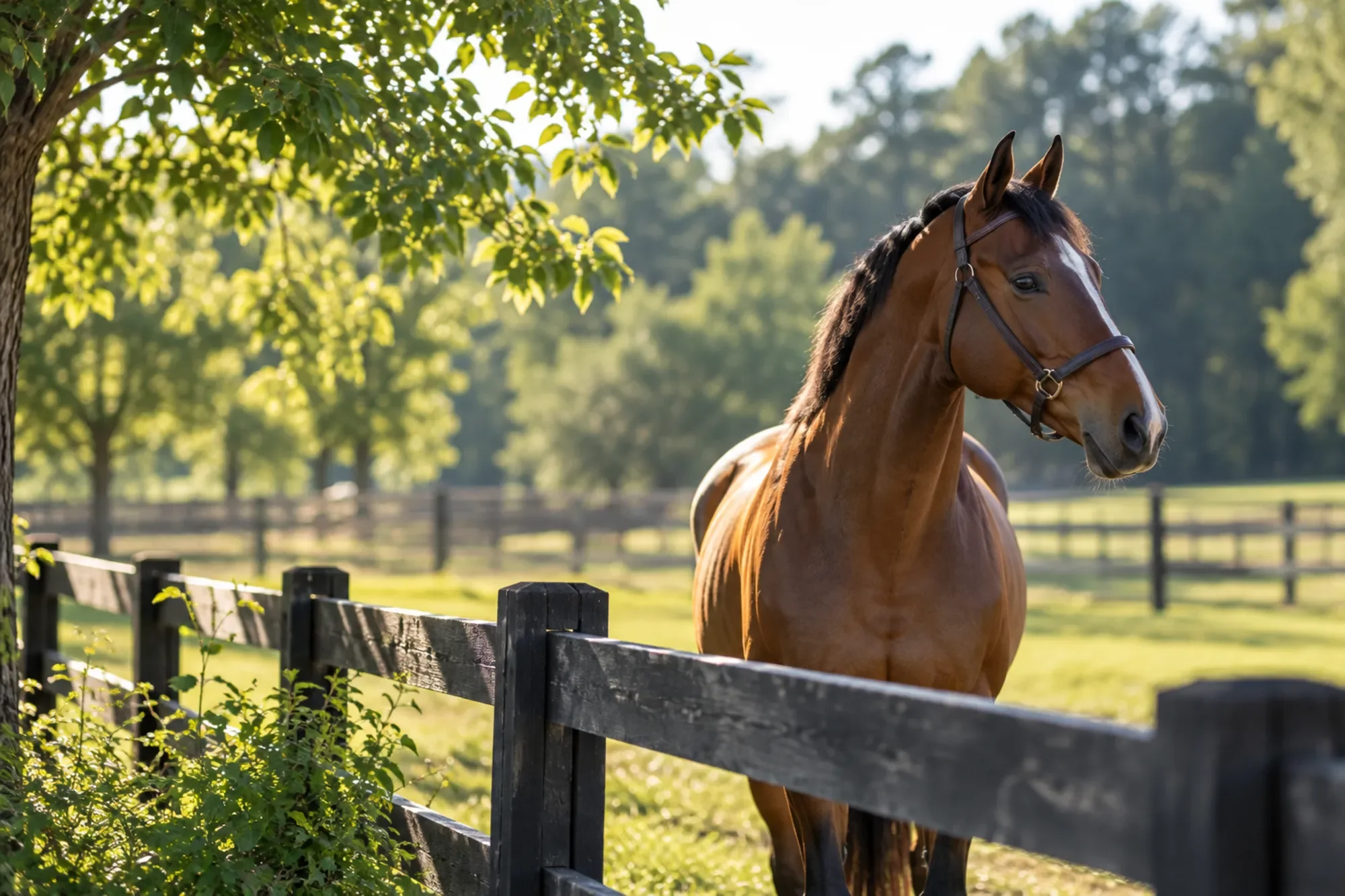Bay horse wearing a halter standing behind a wooden pasture fence at a horse farm.
