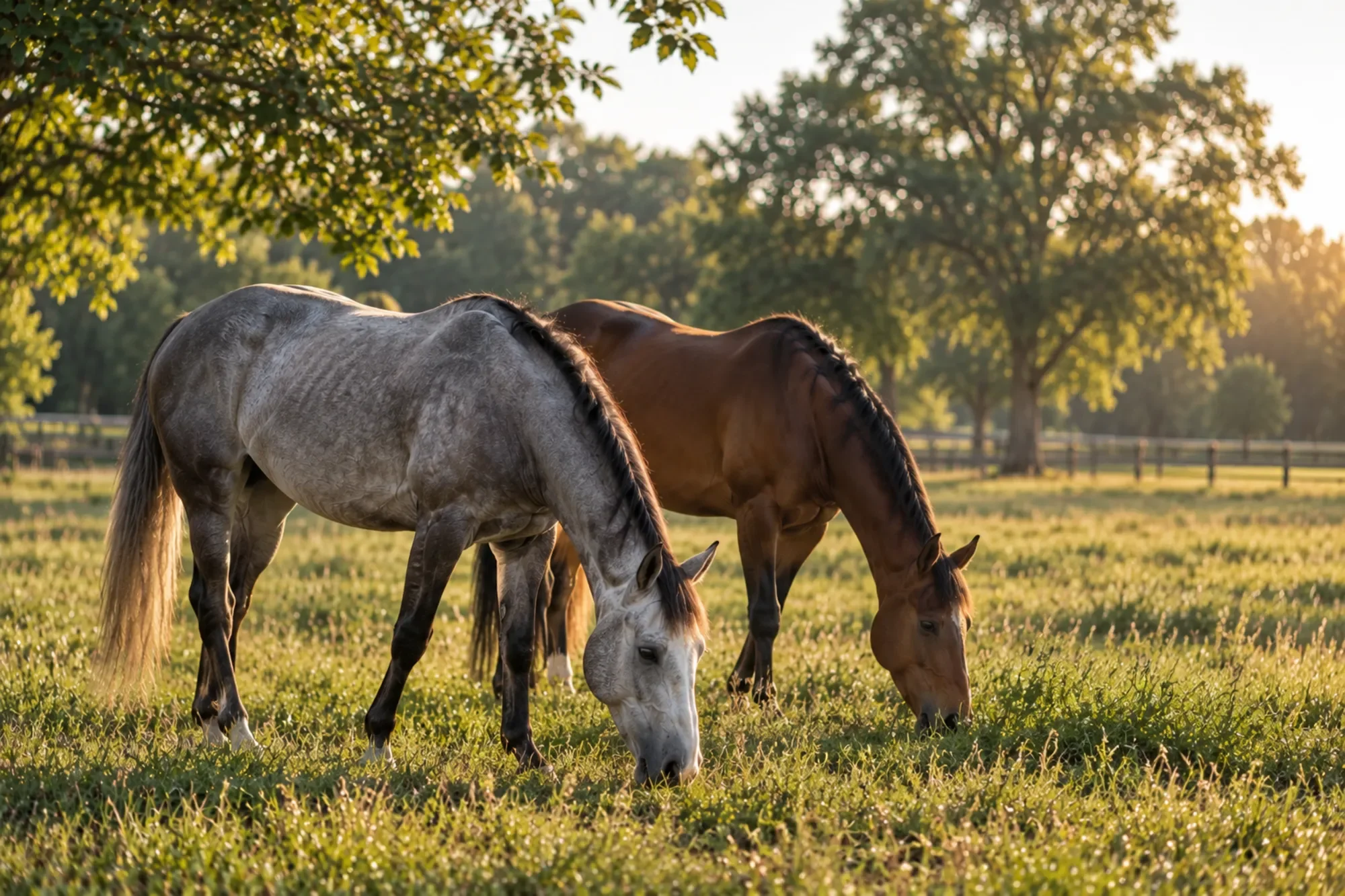 Gray and bay horses grazing together in a sunlit pasture bordered by trees and wooden fencing.