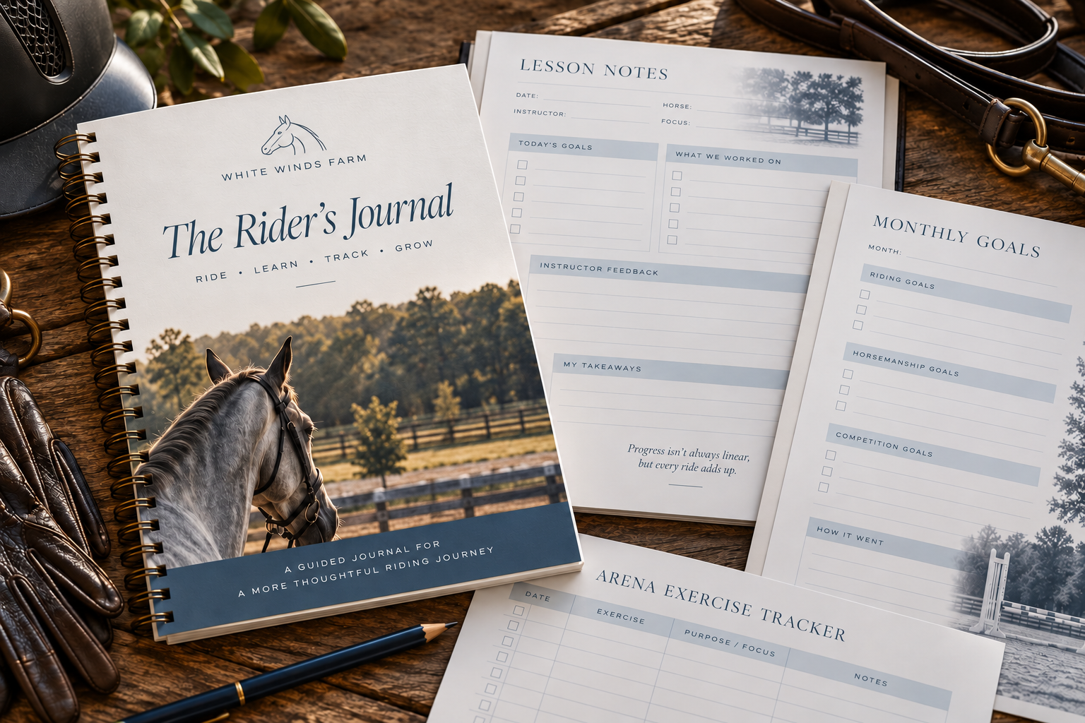 Preview of White Winds Farm’s upcoming Rider’s Journal, featuring a spiral-bound riding journal, lesson notes, goal-setting worksheets, and an arena exercise tracker.