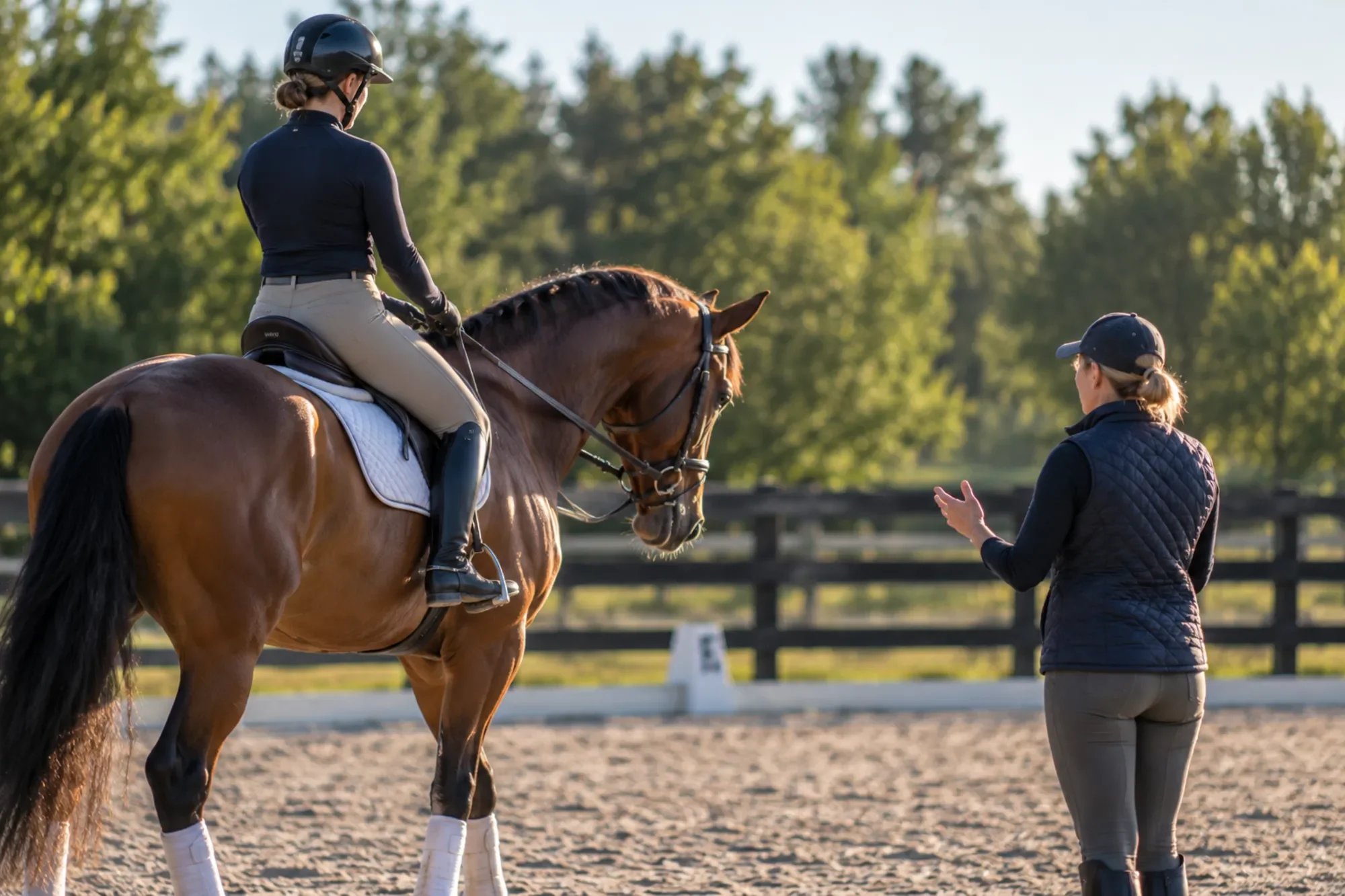 Equestrian instructor coaching a rider on a bay horse during a dressage lesson in an outdoor riding arena.