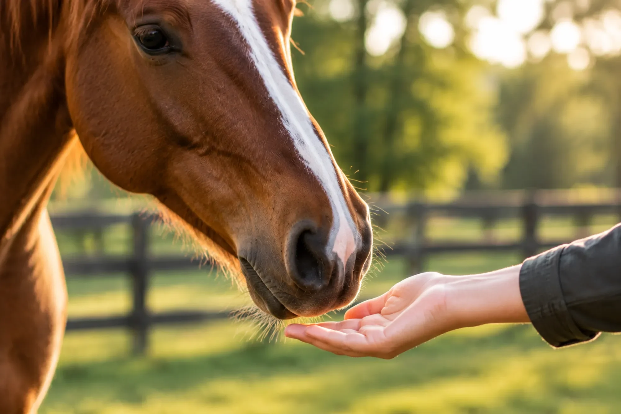 Close-up of a chestnut horse with a white blaze lowering its muzzle toward an outstretched hand.
