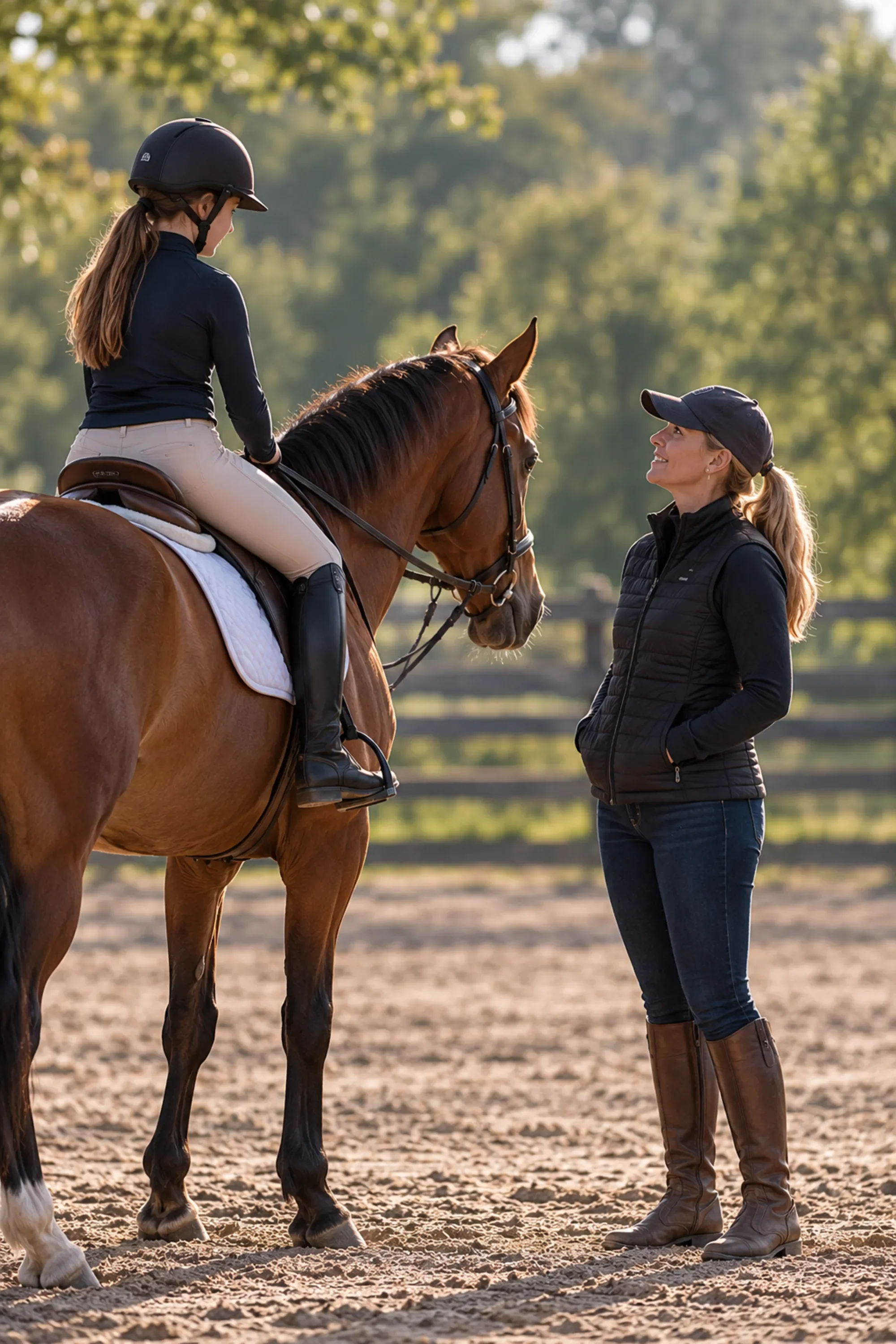 Riding instructor speaking with a mounted student on a bay horse in an outdoor riding arena.