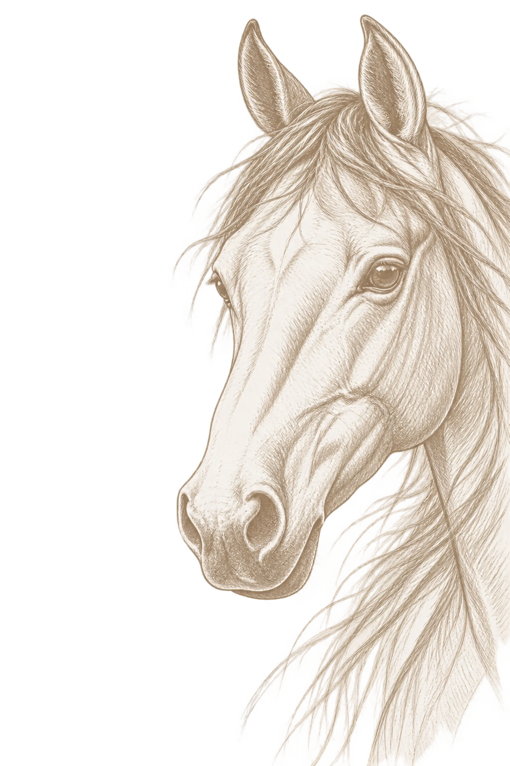 Detailed sepia-toned pencil illustration of a horse's head with flowing mane against a light background.