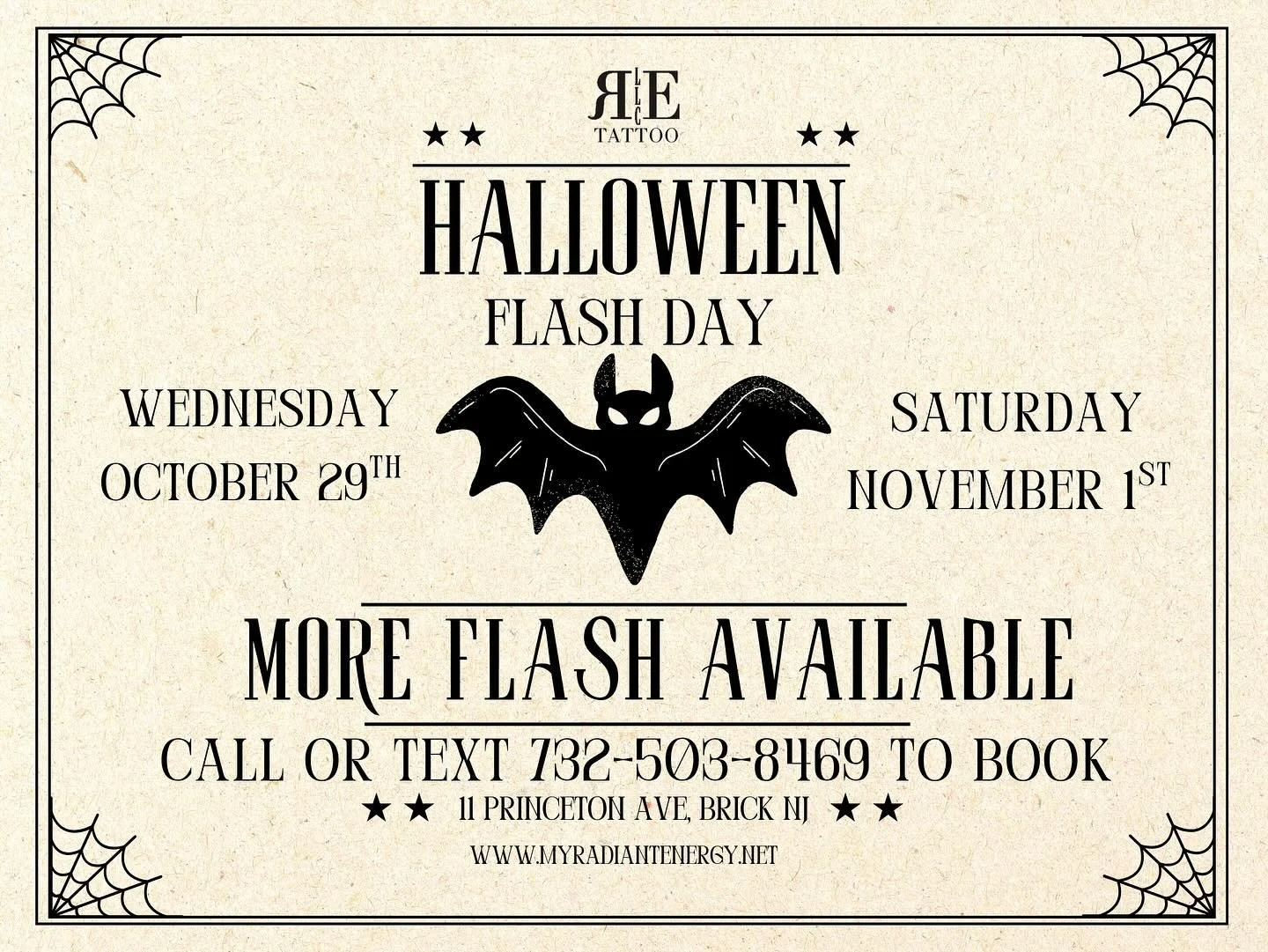 NEXT WEEK! Halloween flash days are next week on Wednesday and Saturday and we got some more flash together for you guys! Pieces will be discounted, so call or text 732-503-8469 to book your spot before they&rsquo;re all gone 👻

#flash #flashday #ha