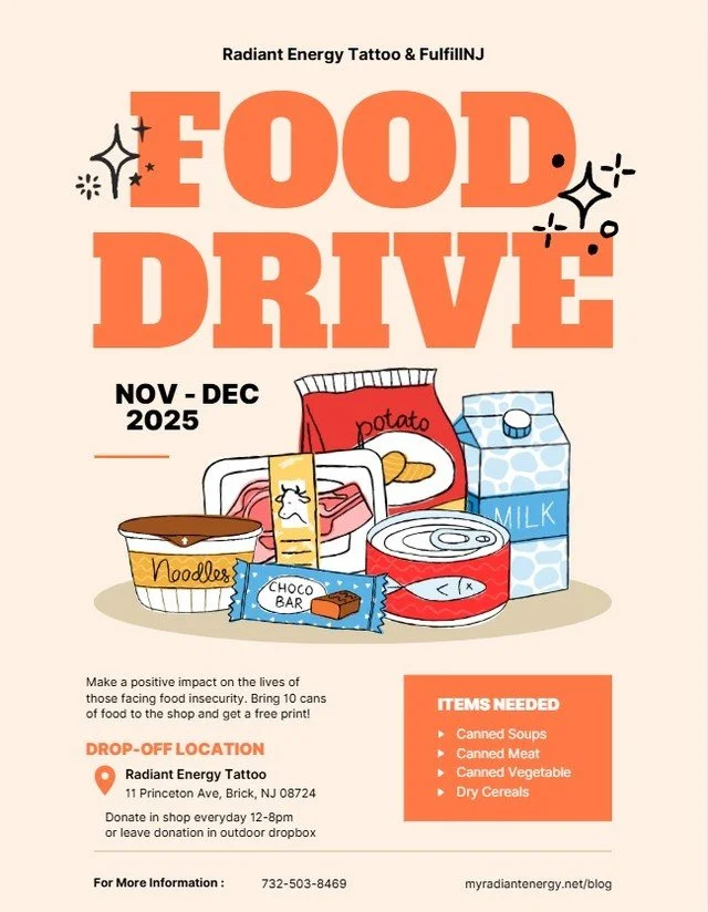 Reminder! Last day to drop off food and get a free print is Dec 21st!!! Help a family serve nutritious meals and help yourself to a free print!

#bricknj #oceancountynj #radiantenergytattoo #fulfillnj #fooddrive