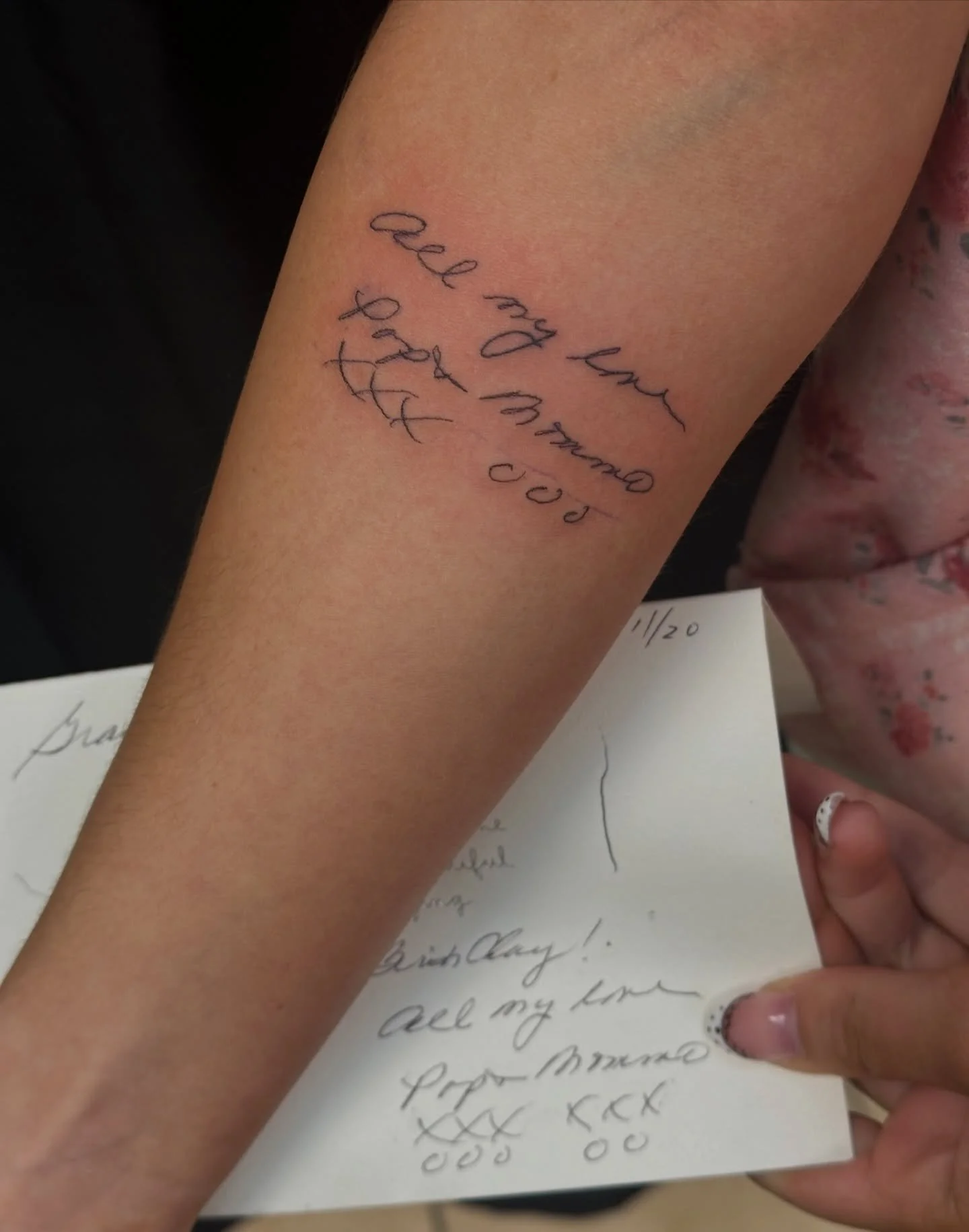 Some handwriting done by Caroline! Fill out the form in our bio to book with her, big or small 💕

#handwritingtattoo #finelinetattoo #letteringtattoo #njtattooshop #njtattooartist