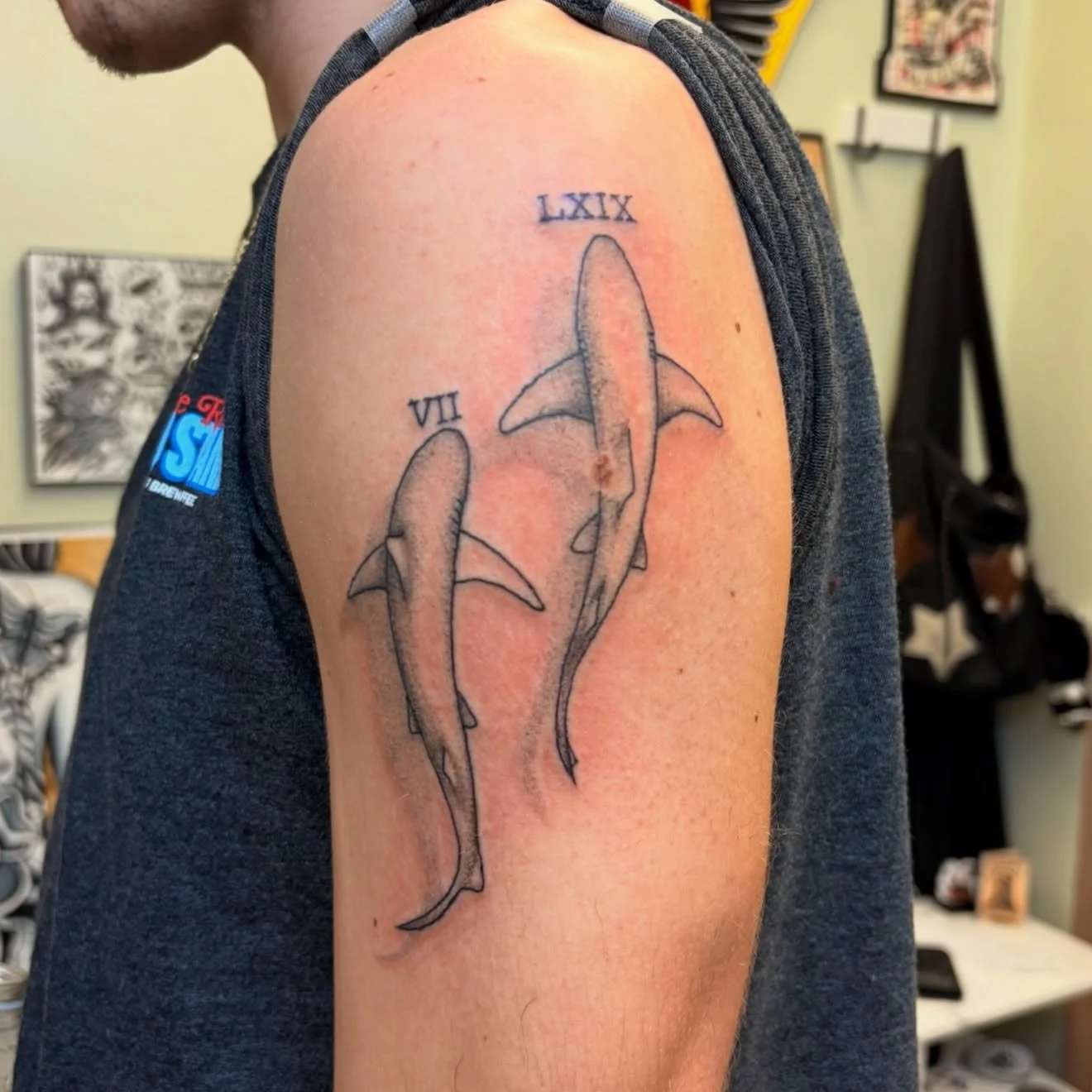 Love these sharks done by Casey 🦈 She has availability this week so call or text the shop or fill out the form in our bio to book!

#shark #sharktattoo #blackandgraytattoo #njtattooshop #njtattooartist