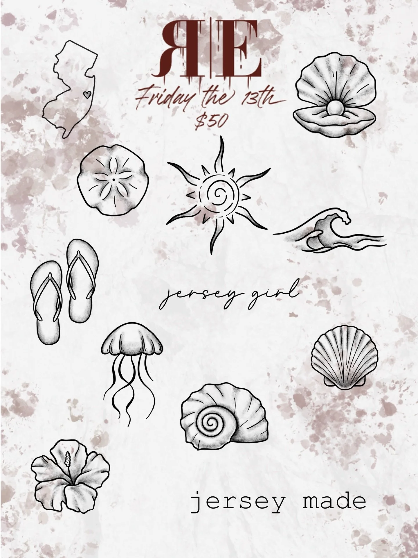 Friday the 13th is NEXT WEEK! It&rsquo;s all the same flash sheets as last time, plus two new extras! We have a few spots left so call or text the shop 732-503-8469 to book while you can!!!
Same as last month&mdash;all flash is $50 at 3&rdquo; on arm