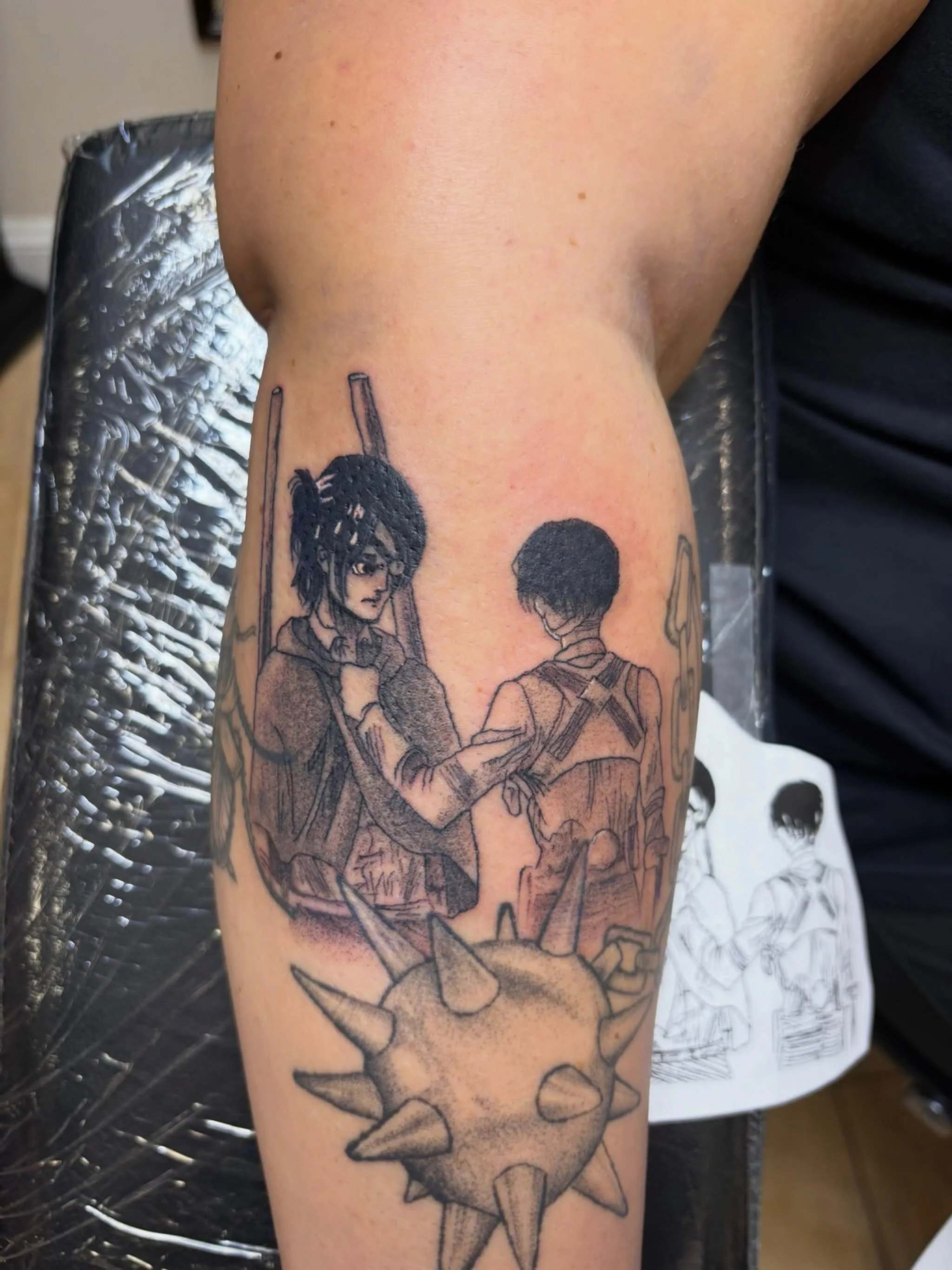 Manga inspired AOT tattoo by Casey ⚔️ She loves doing anime/manga tattoos so fill out the form in our bio to book with her!

#attackontitan #attackontitantattoo #aottattoo #mangatattoo #njtattooshop