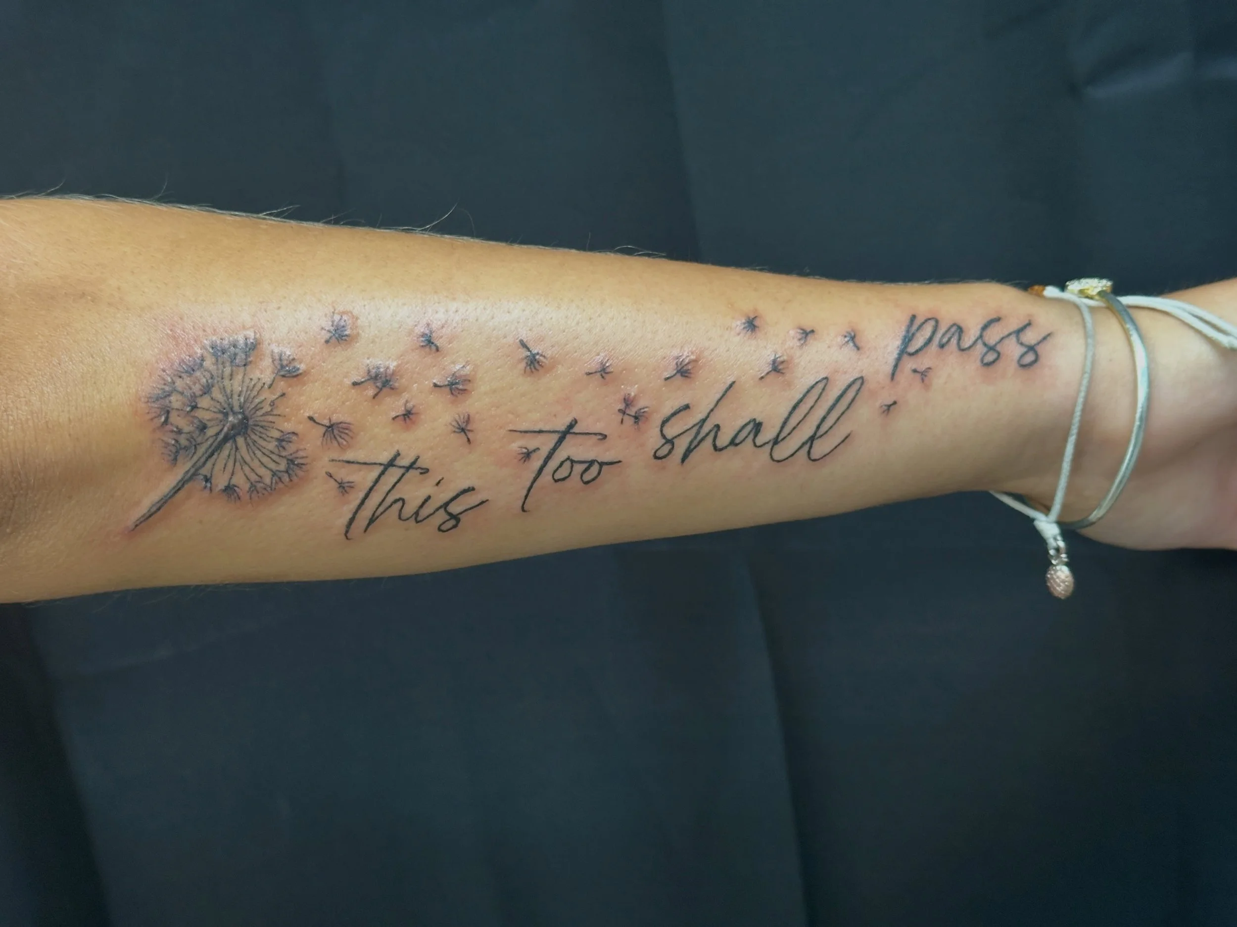 This too shall pass by Caroline. She still has appointments available in Sept, book now! #dandeliontattoo #thistooshallpasstattoo #femaletattooartist #radiantenergytattoo