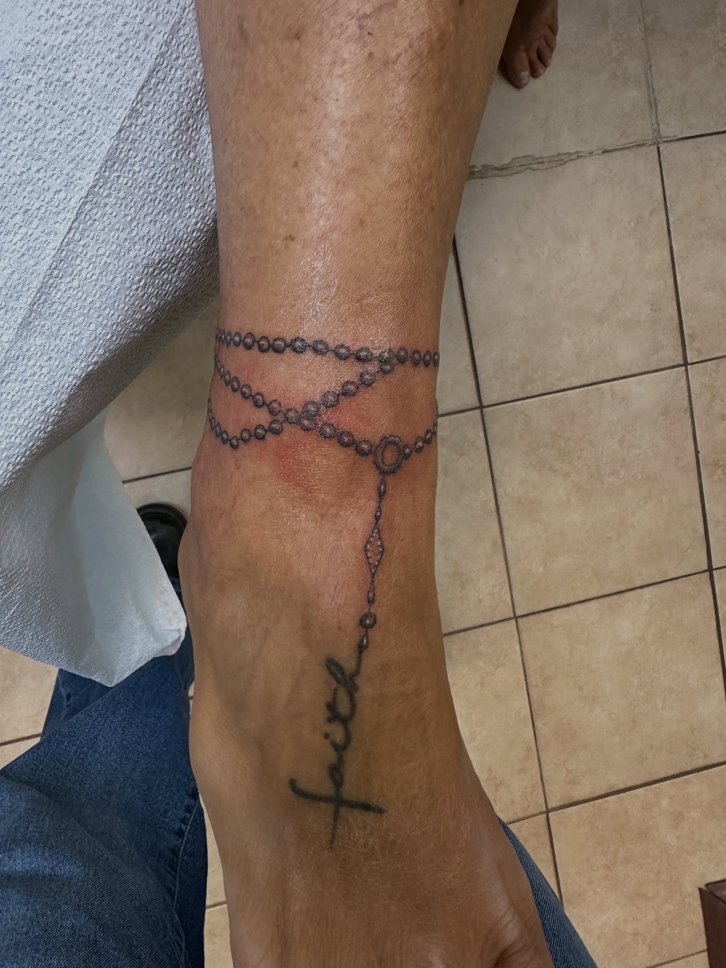 Rosary inspired anklet by Caroline #ankletattoo #ankletattoosforwomen #radiantenergytattoobricknj #femaletattooist