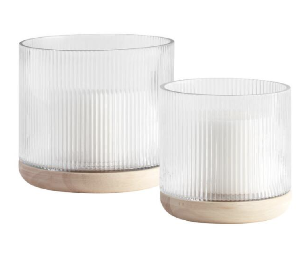 For smaller votives, I really like these ribbed glass with wood base ones.