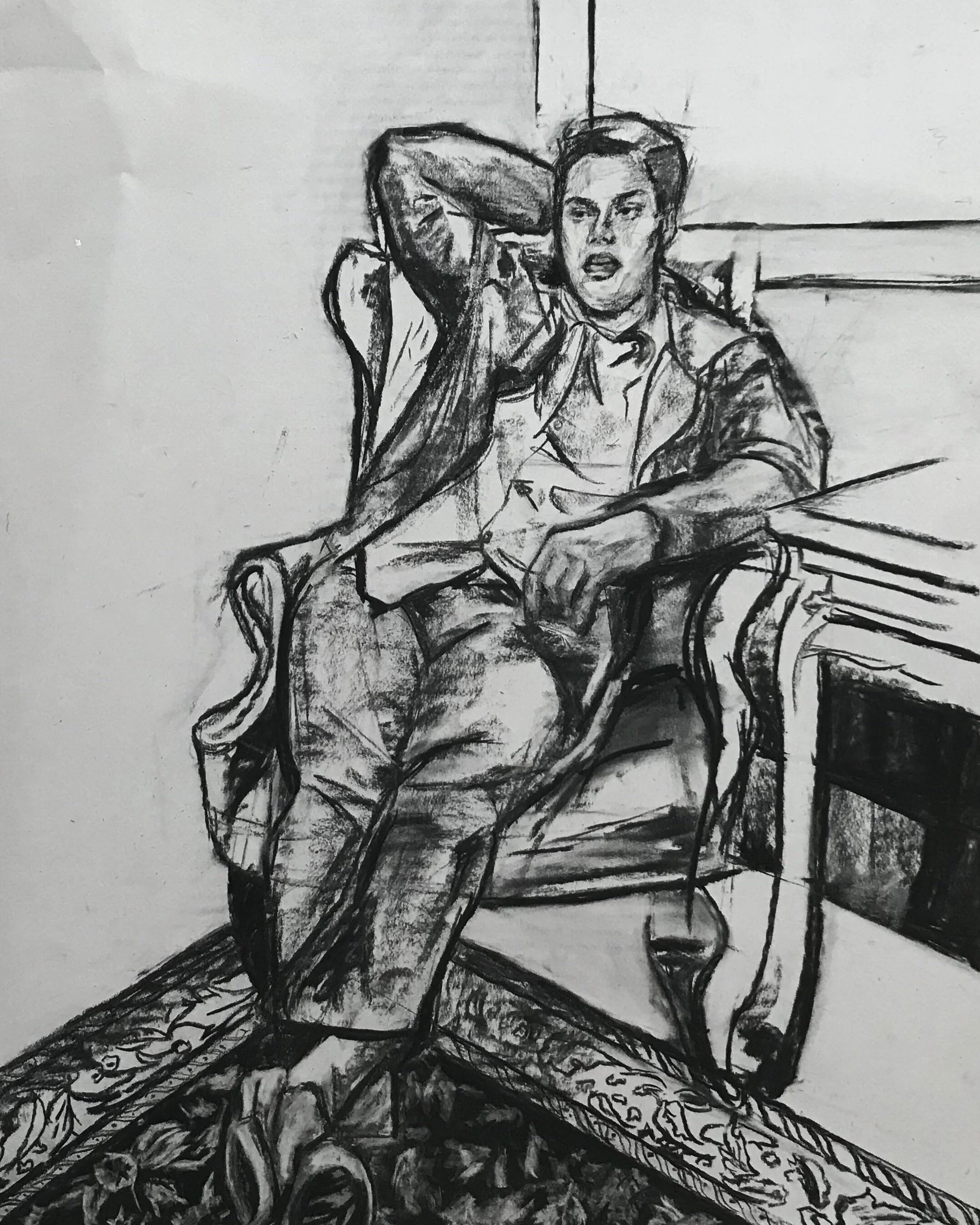   Spenser with Patterned Carpet,  2019  Charcoal on paper  25 x 19 inches 