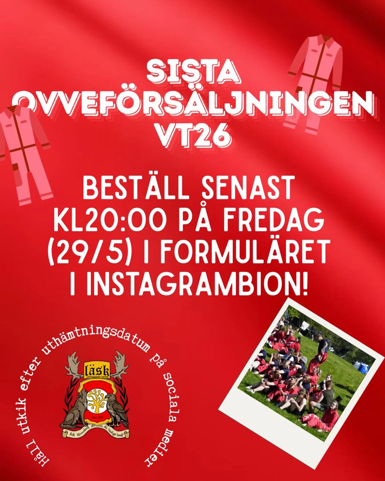 Hej alla L&Auml;SKare!❤️

Nu kommer den sista ovvebest&auml;llningen f&ouml;r denna terminen, och sista innan sommar och ovveinvigning!!🤩 S&aring; om du inte haft m&ouml;jlighet att skaffa din ovve &auml;r din sista chans innan invigningen nu! Svara