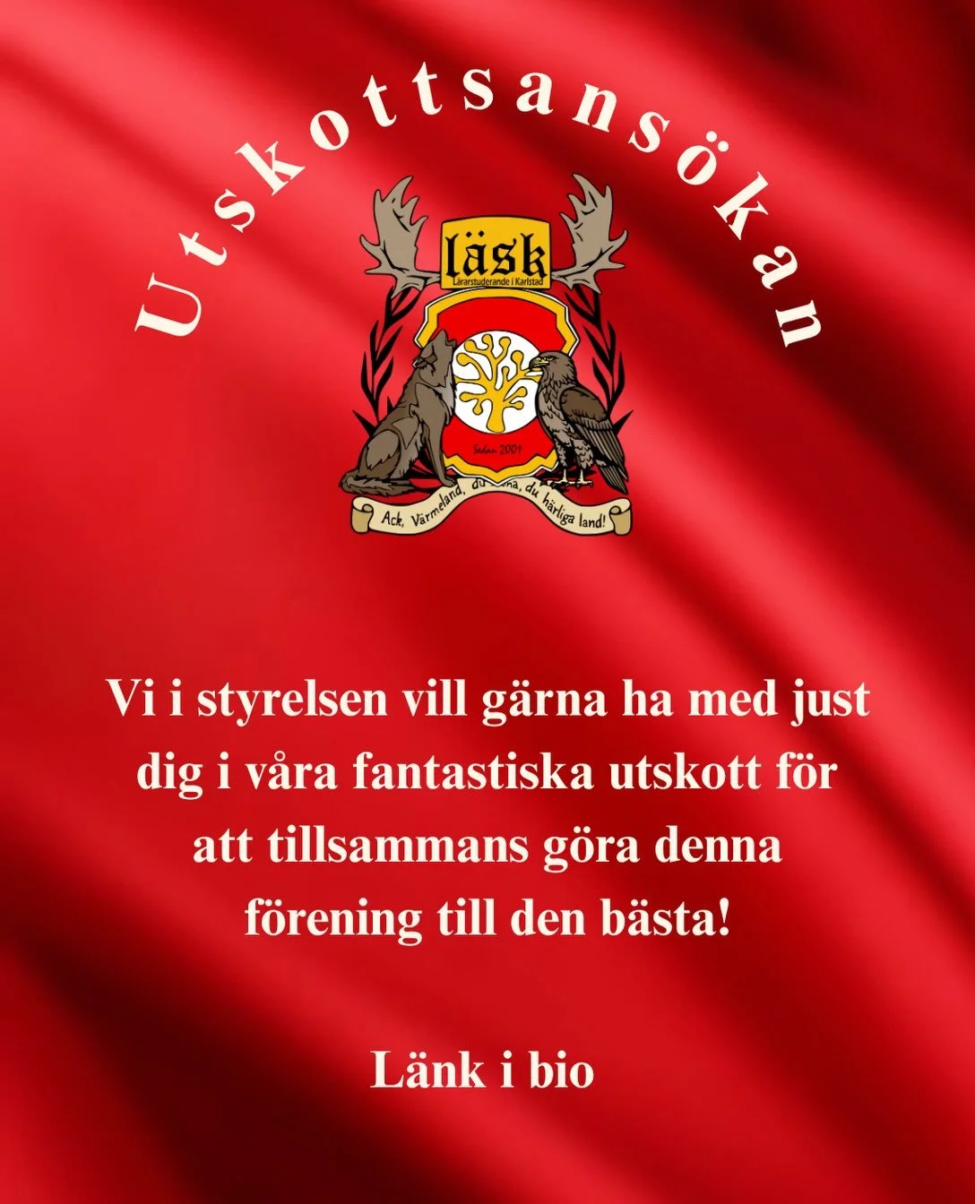 Hej alla L&Auml;SKare❤️

Idag &ouml;ppnar &auml;ntligen ans&ouml;kningarna till L&Auml;SK:s utskott igen!
Vill du vara med och g&ouml;ra denna f&ouml;rening &auml;nnu b&auml;ttre? Missa d&aring; inte att ta chansen att s&ouml;ka till utskotten❤️ Swip
