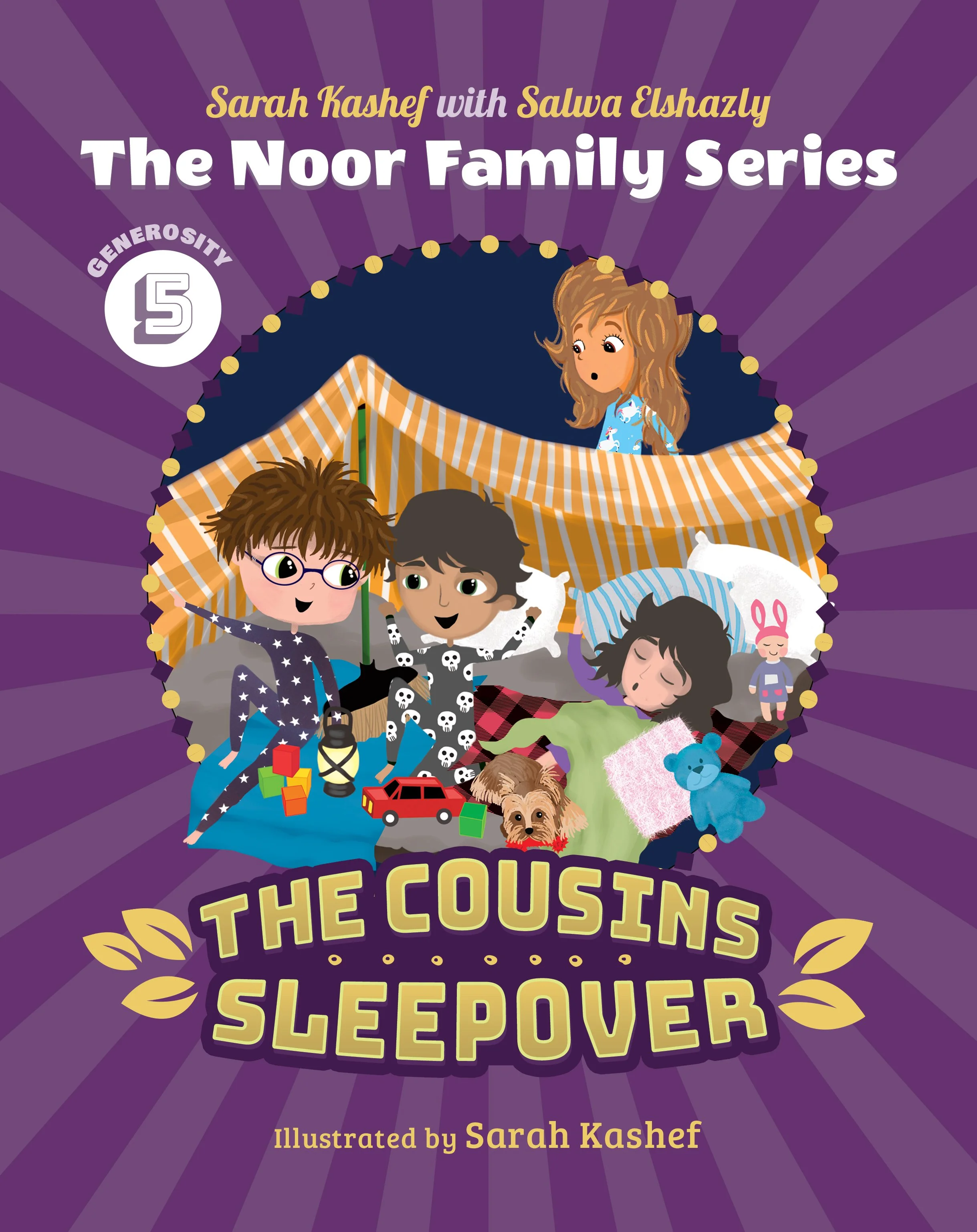 illustrations of three children and a dog in a cozy indoor tent with toys around them.jpg