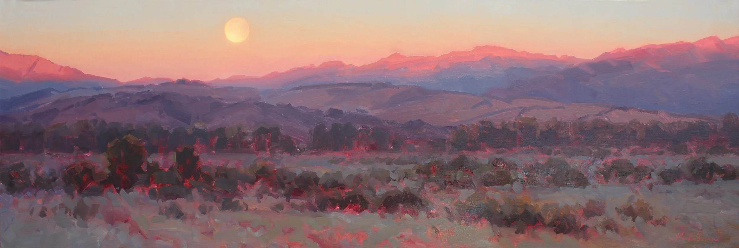 "Fading Moon, Rising Day" by Jessica Garrett-Lawrence. Oil, 20 x 60 inches, $8,000. Lot 105.