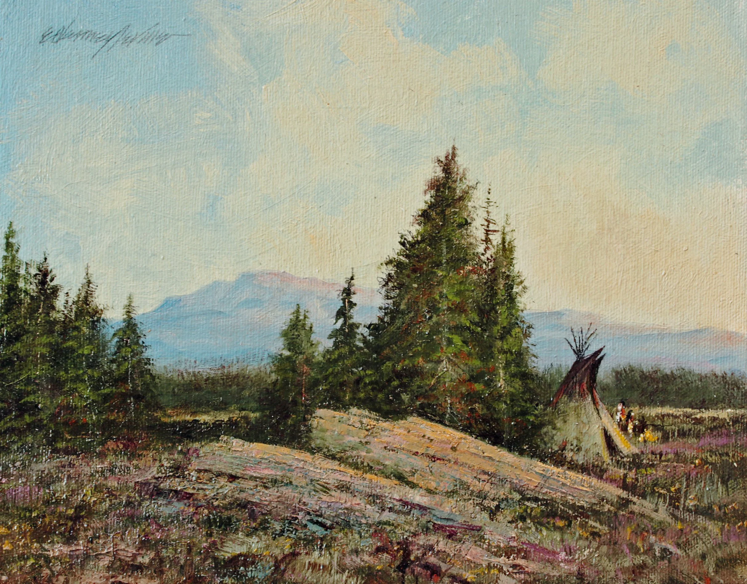 "A Camp in Peaceful Pines" by E. Denney NeVille. Oil, 8 x 10 inches, $1,000. Lot 76.