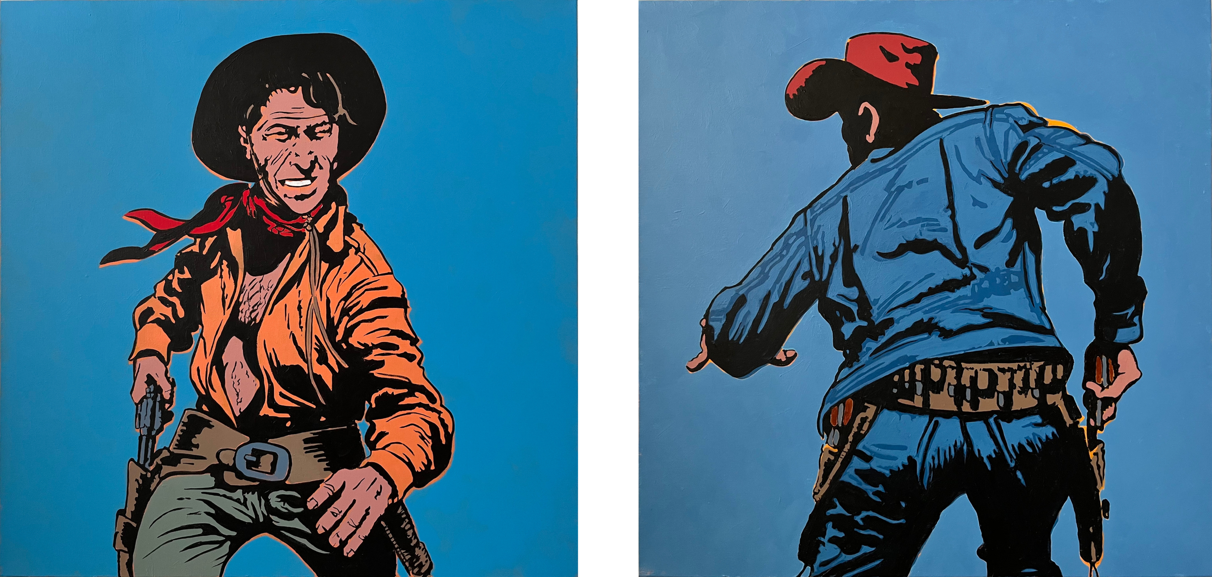 "Draw!" by Gordon McConnell. Acrylic Diptych, 30 x 30 inches each, $6,000. Lot 46.