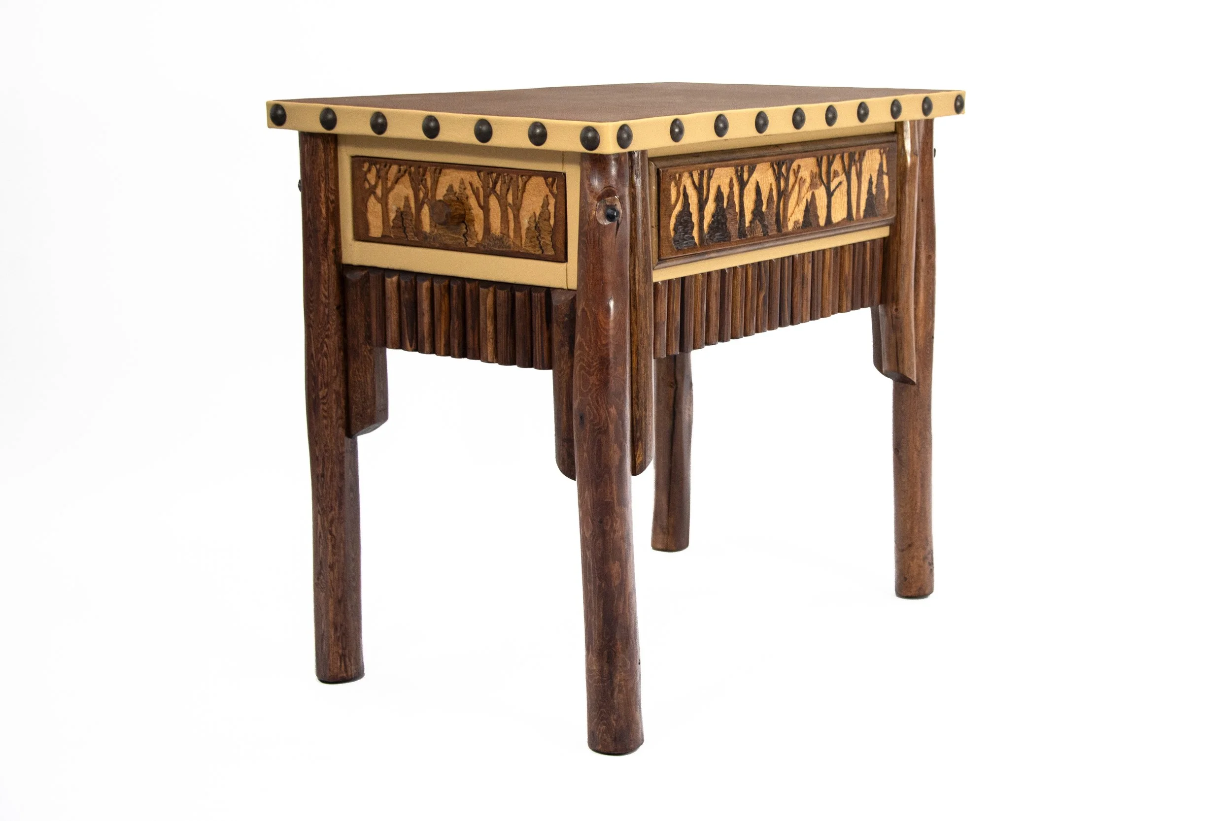"Silent Night Nightstand" by Lester Santos. Wood & Leather Functional Sculpture with Hidden Drawer, 27.5”h x 20”w x 30.5”d, $2,750.
