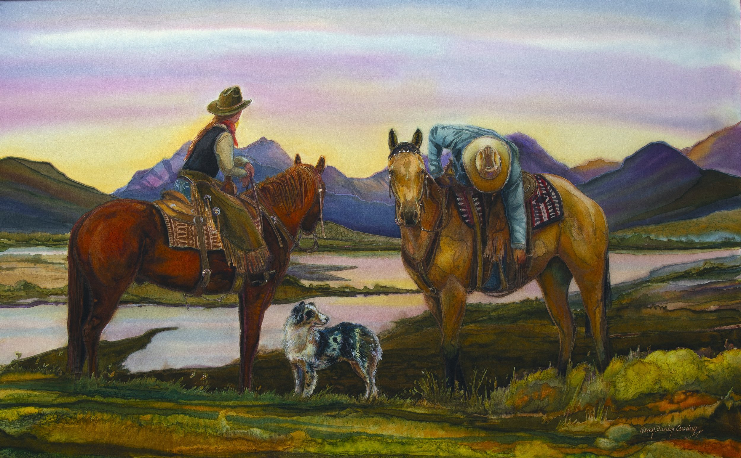 "Good Company" by Nancy Dunlop Cawdrey. Dye on Silk, 25 x 40 inches, $10,500. Lot 23.
