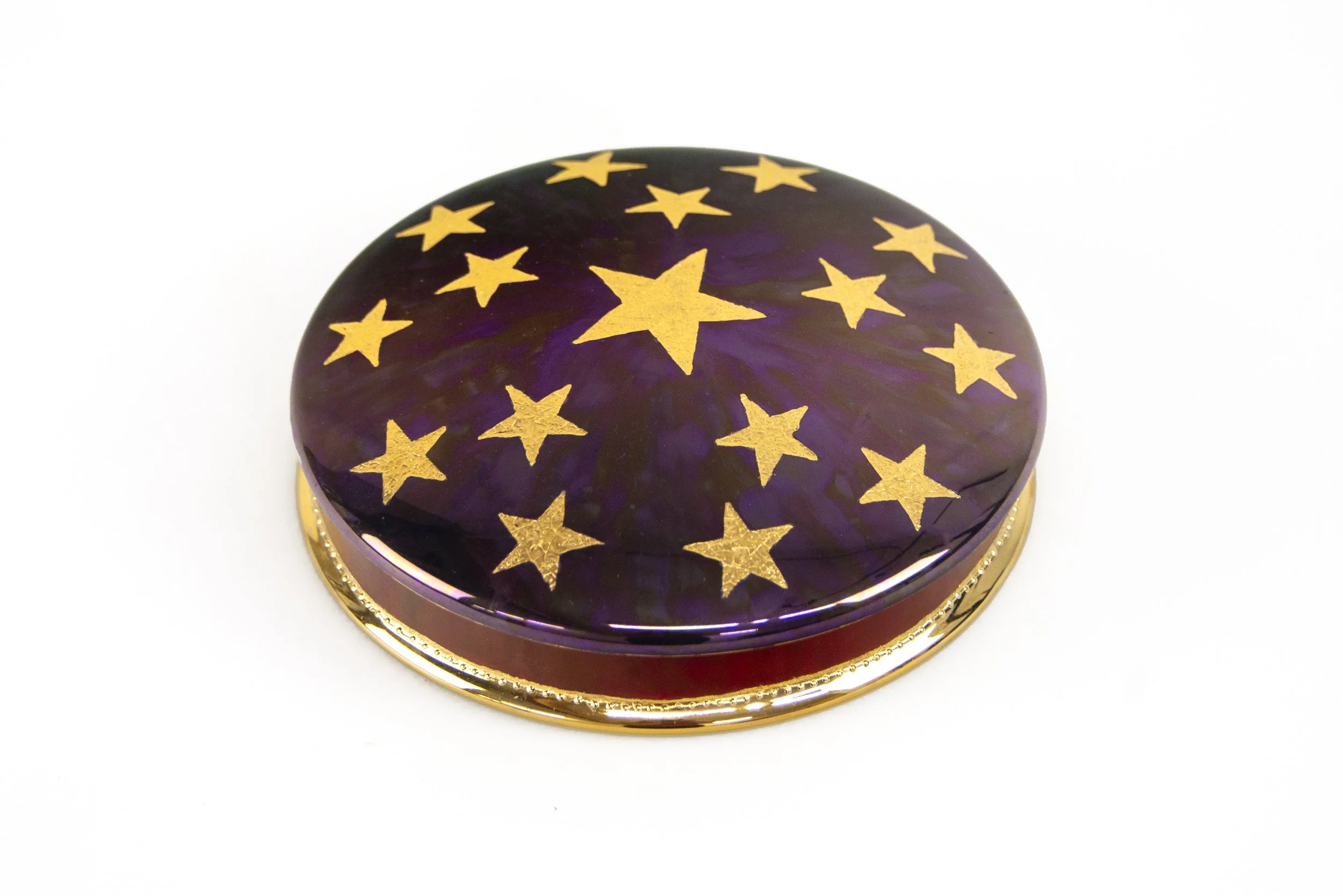 "Fort Nashborough Candy Box" by Carolyn Barlock. Gold, Roby, & Amethyst Lusterware, 7" diameter, $9,850.