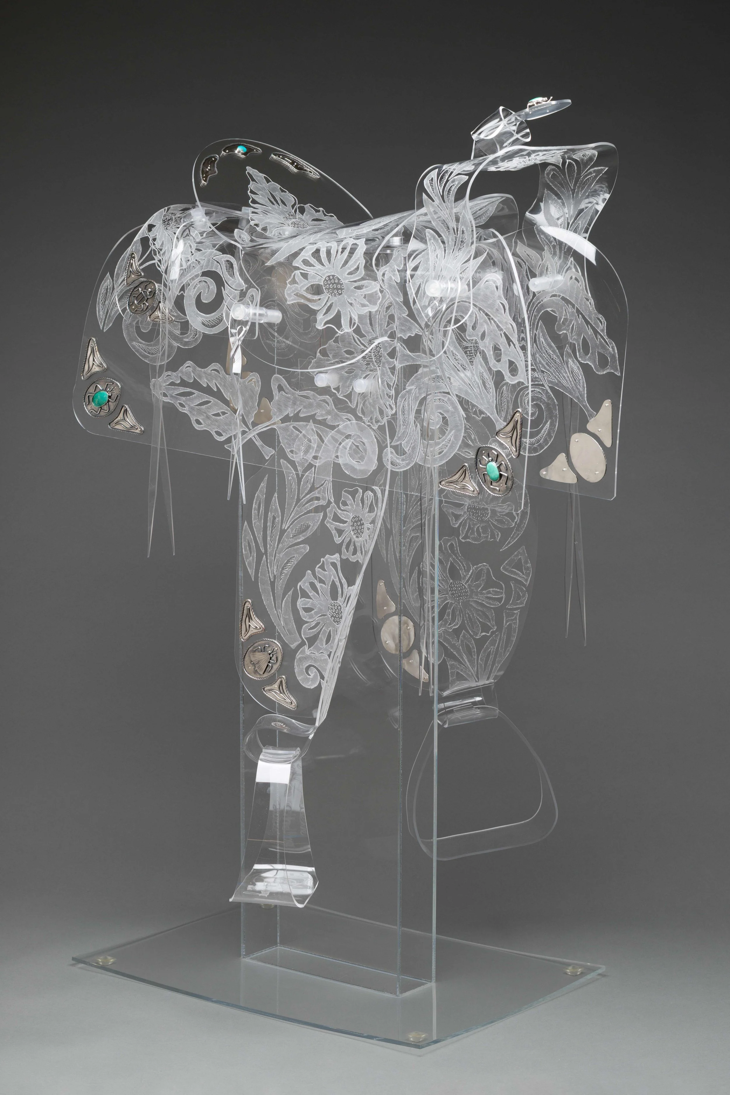 "Statuesque" by Maeve Eichelberger. Hand Formed and Etched Acrylic with Handmade Silver & Turquoise, 46 x 25 x 24 inches, $28,000. Lot 69.