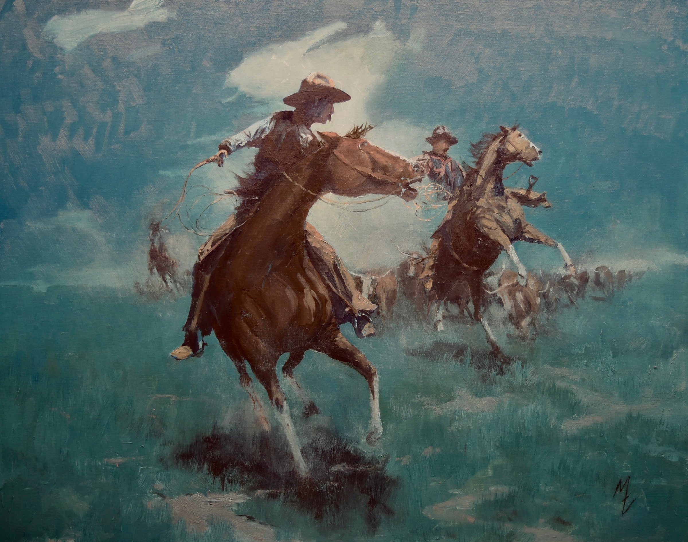 "On the Devil’s Stampede, Flower Breaks Stone" by Michael Ome Untiedt. Oil, 24 x 30 inches, $14,000. Lot 41.