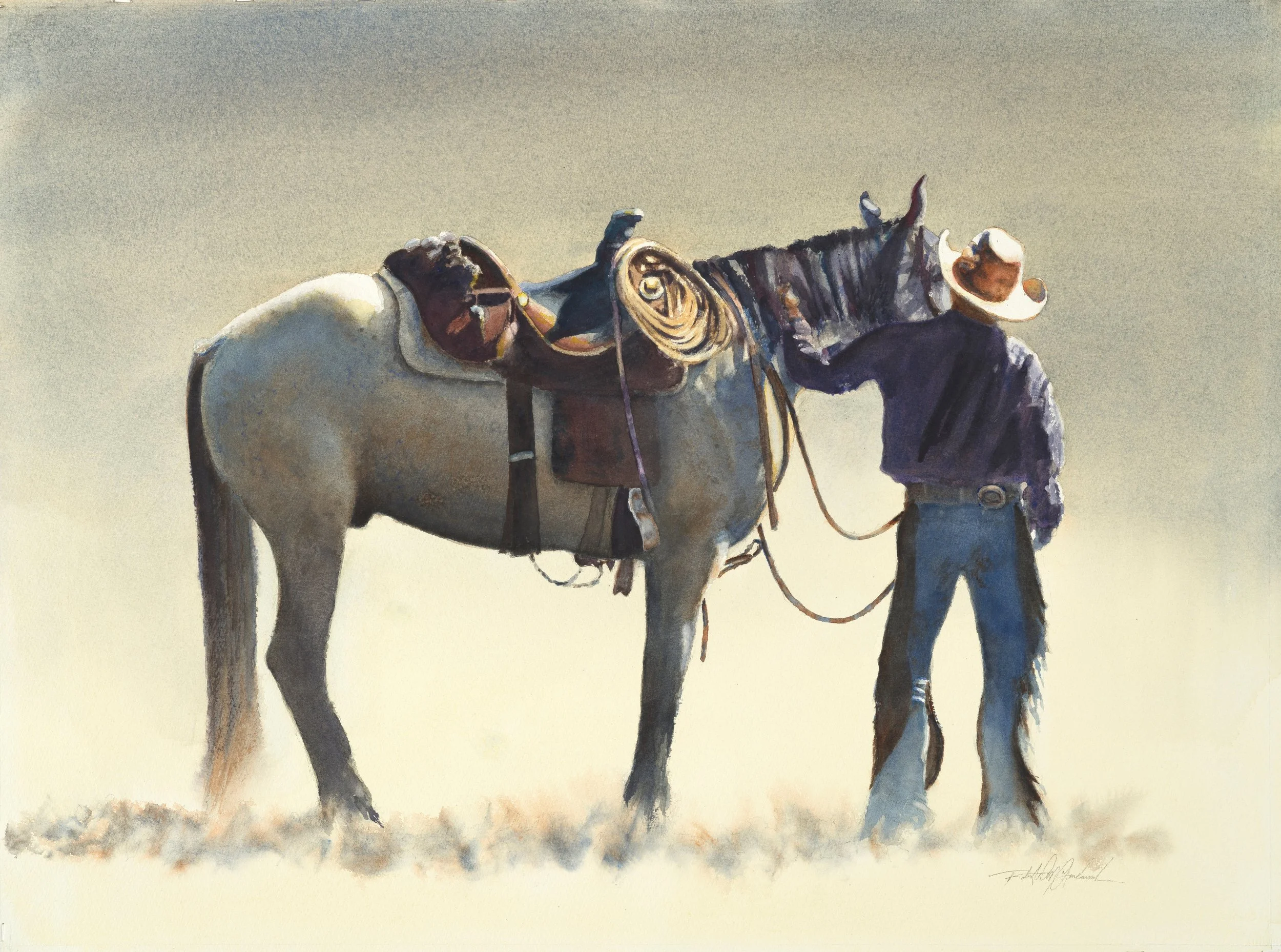 "A Horse and His Cowboy" by Robert McFarland. Watercolor, 21 x 28 inches, $4,950. Lot 99.