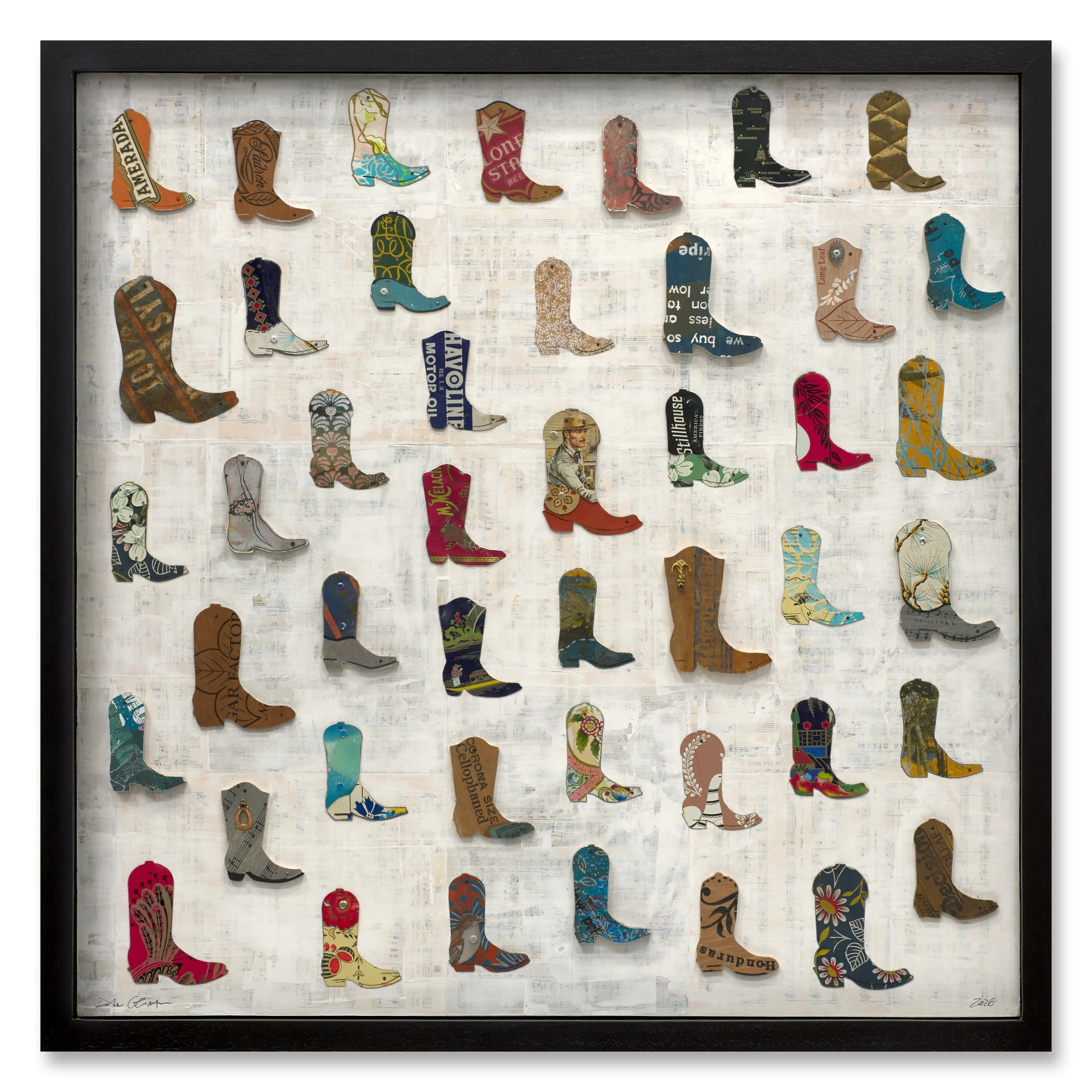 "A Night at the Rodeo" by Dolan Geiman. Hand-Cut Salvaged Metal on Wood, 35.5 x 35.5 inches, $8,500. Lot 7.