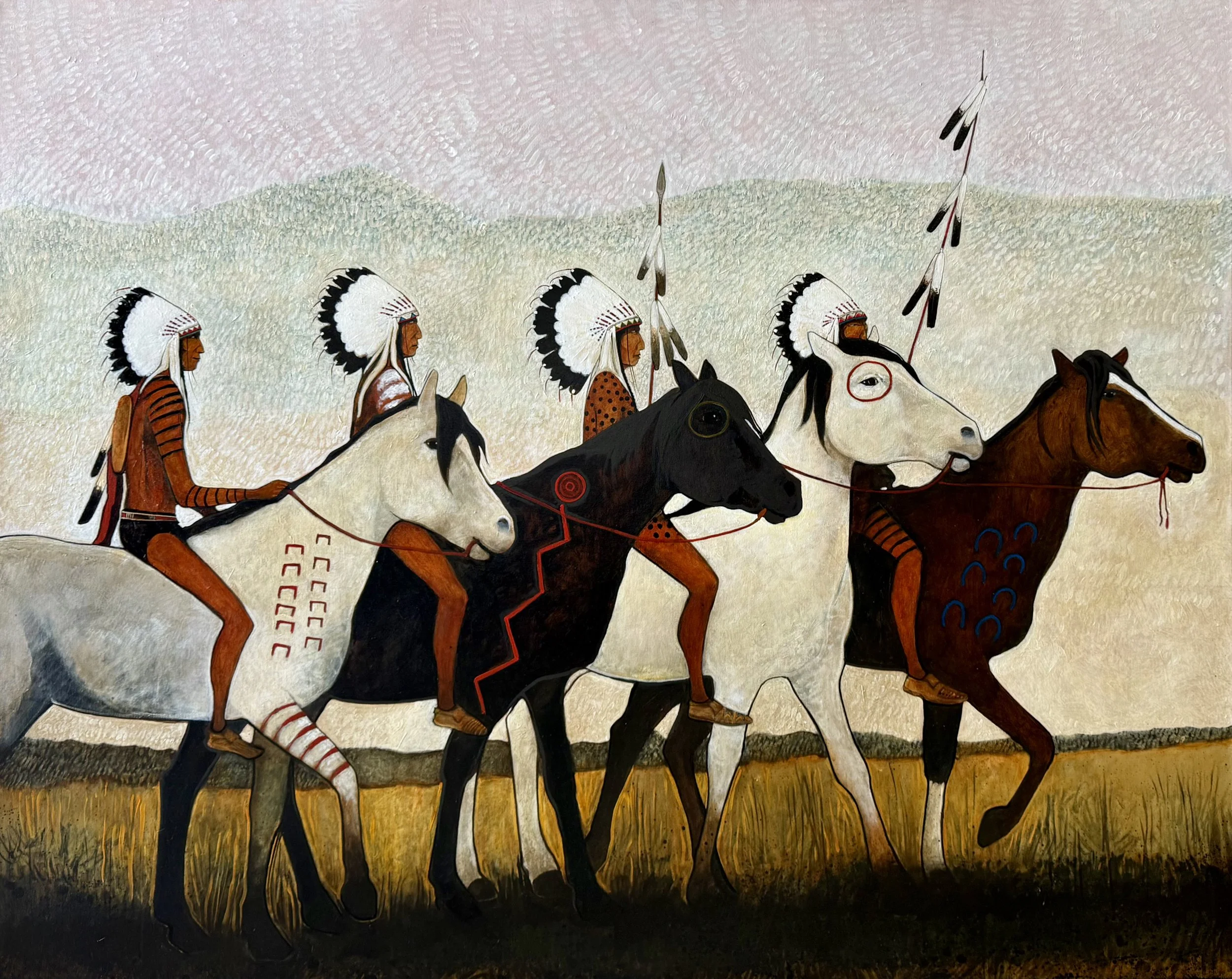 "War Battle Chiefs - Crow Indian Men on War Ponies" by Kevin Red Star. Acrylic, 48 x 60 inches, $75,000. Lot 25.
