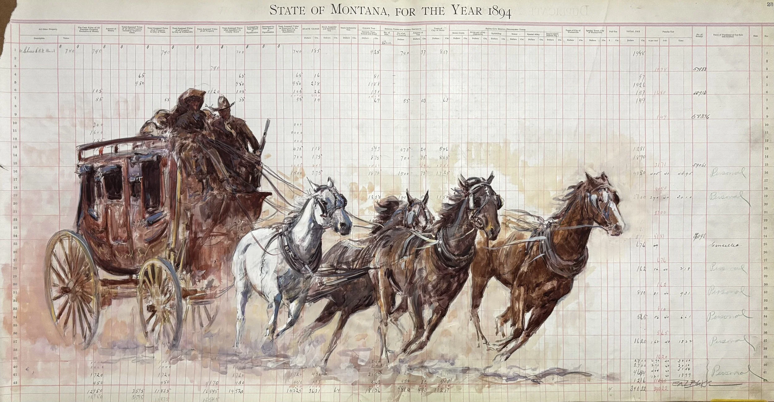 "Montana 1894" by Teal Blake. Watercolor on 1894 Ledger, 18.5 x 35 inches, $7,500. Lot 5.