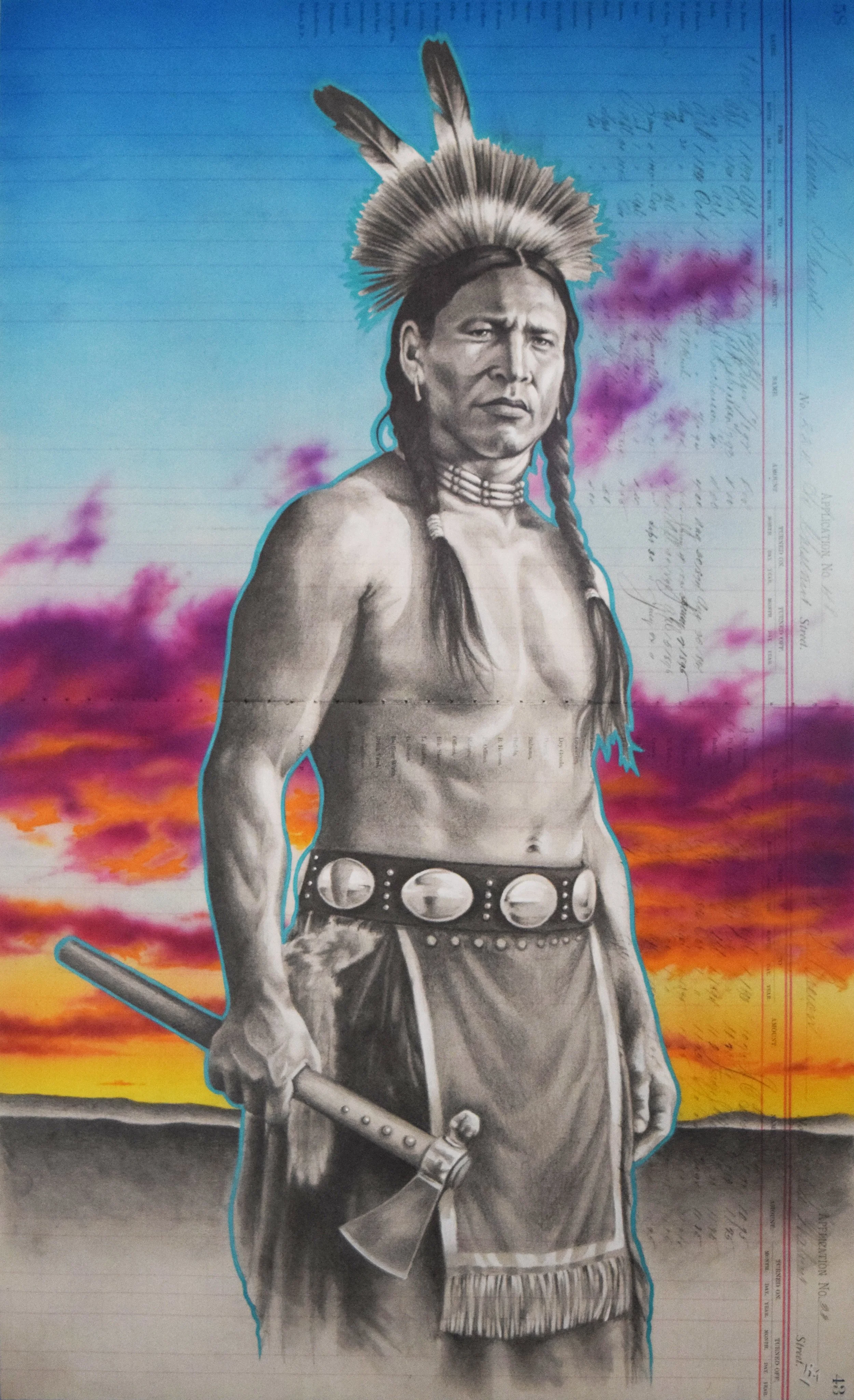 "Ready" by Robert Martinez. Acrylic and Graphite on Ledger, 28 x 17 inches, $4,500. Lot 59