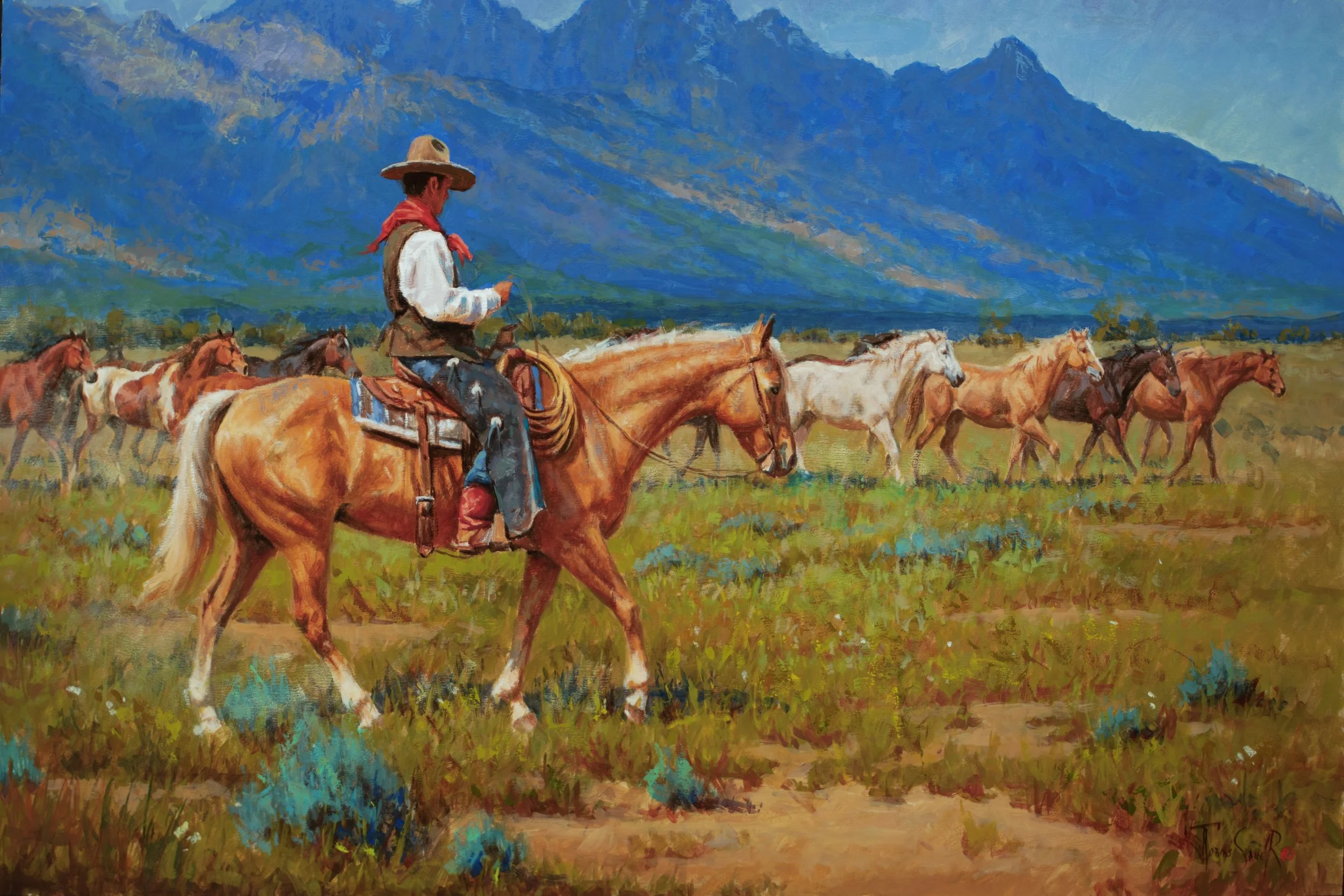 "Keep 'Em Moving" by Tobias Sauer. Oil, 28 x 42 inches, $10,750. Lot 43.