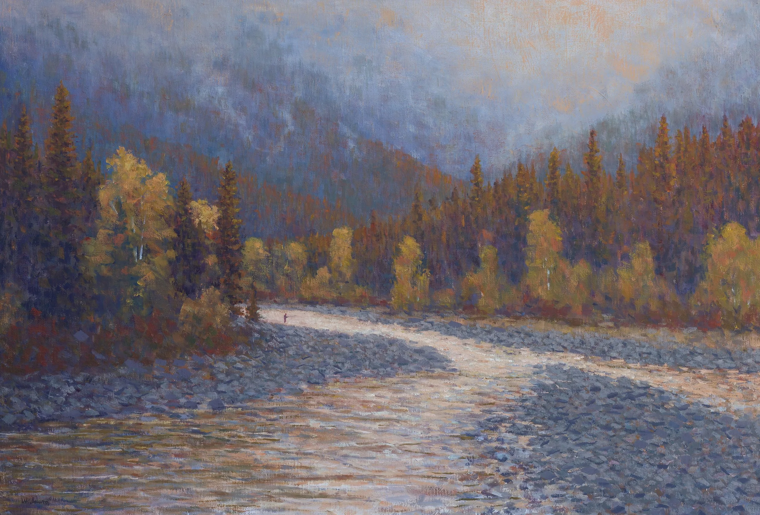 "Early Morning Fishing in Autumn" by Paul Waldum. Oil, 24 x 36 inches, $7,000. Lot 36.