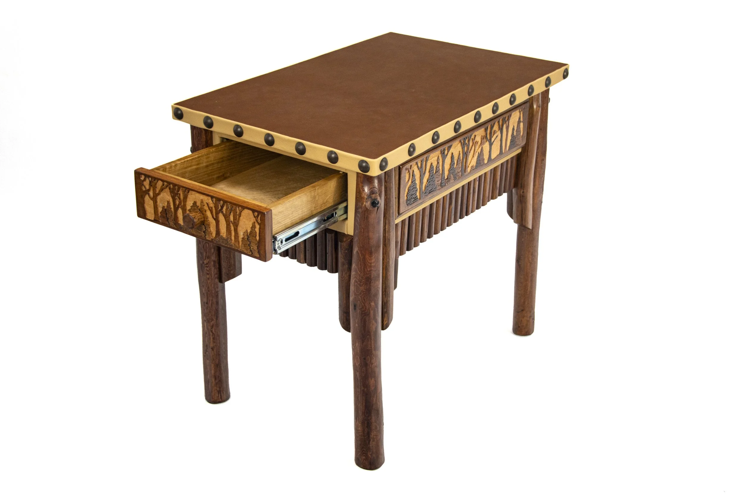 "Silent Night Nightstand" by Lester Santos. Wood & Leather Functional Sculpture with Hidden Drawer, 27.5”h x 20”w x 30.5”d, $2,750.
