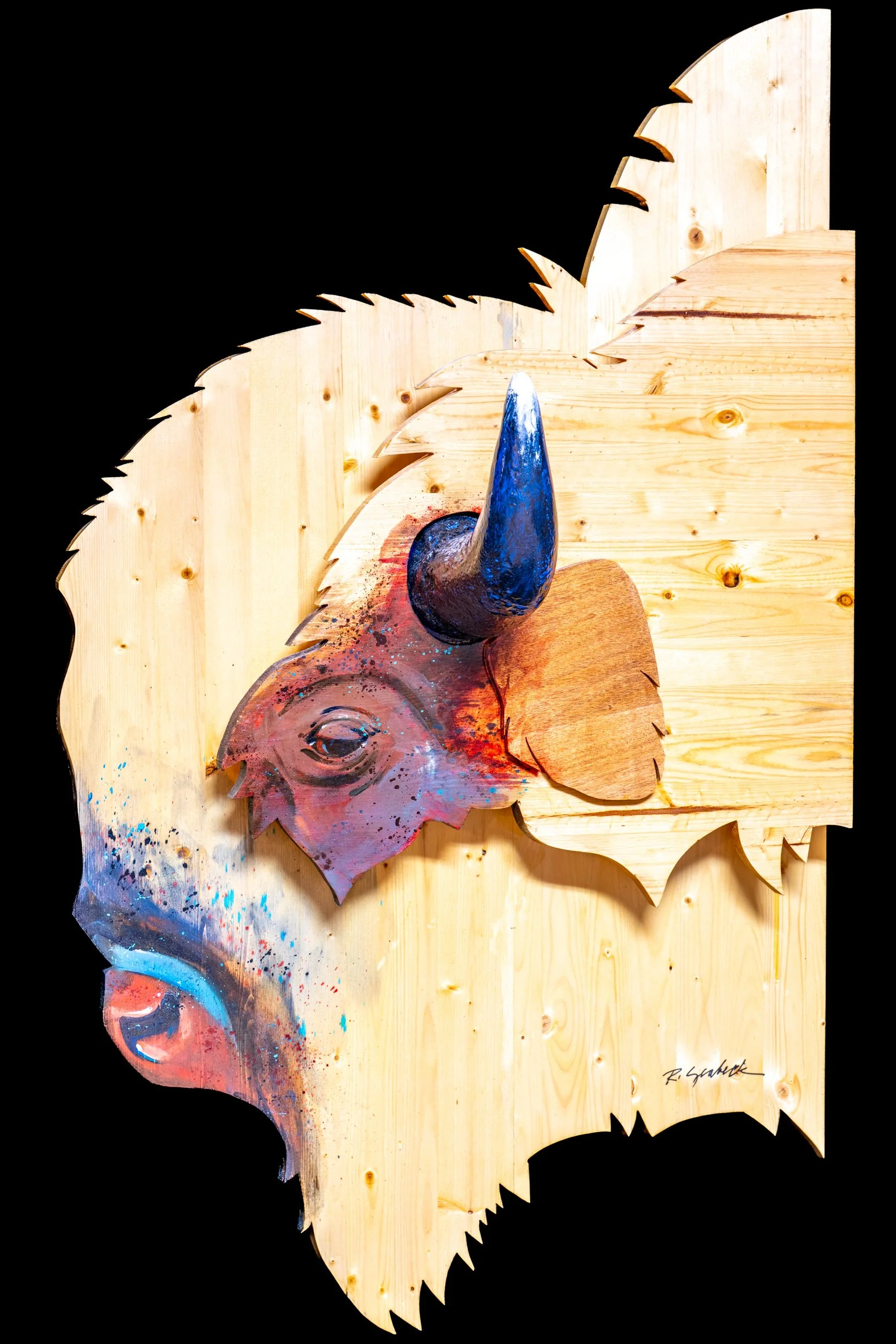 "Bison Portrait" by Robert Seabeck. Pine Wood & Acrylic, 47 x 28 x 11 inches, $7,000. Lot 72.