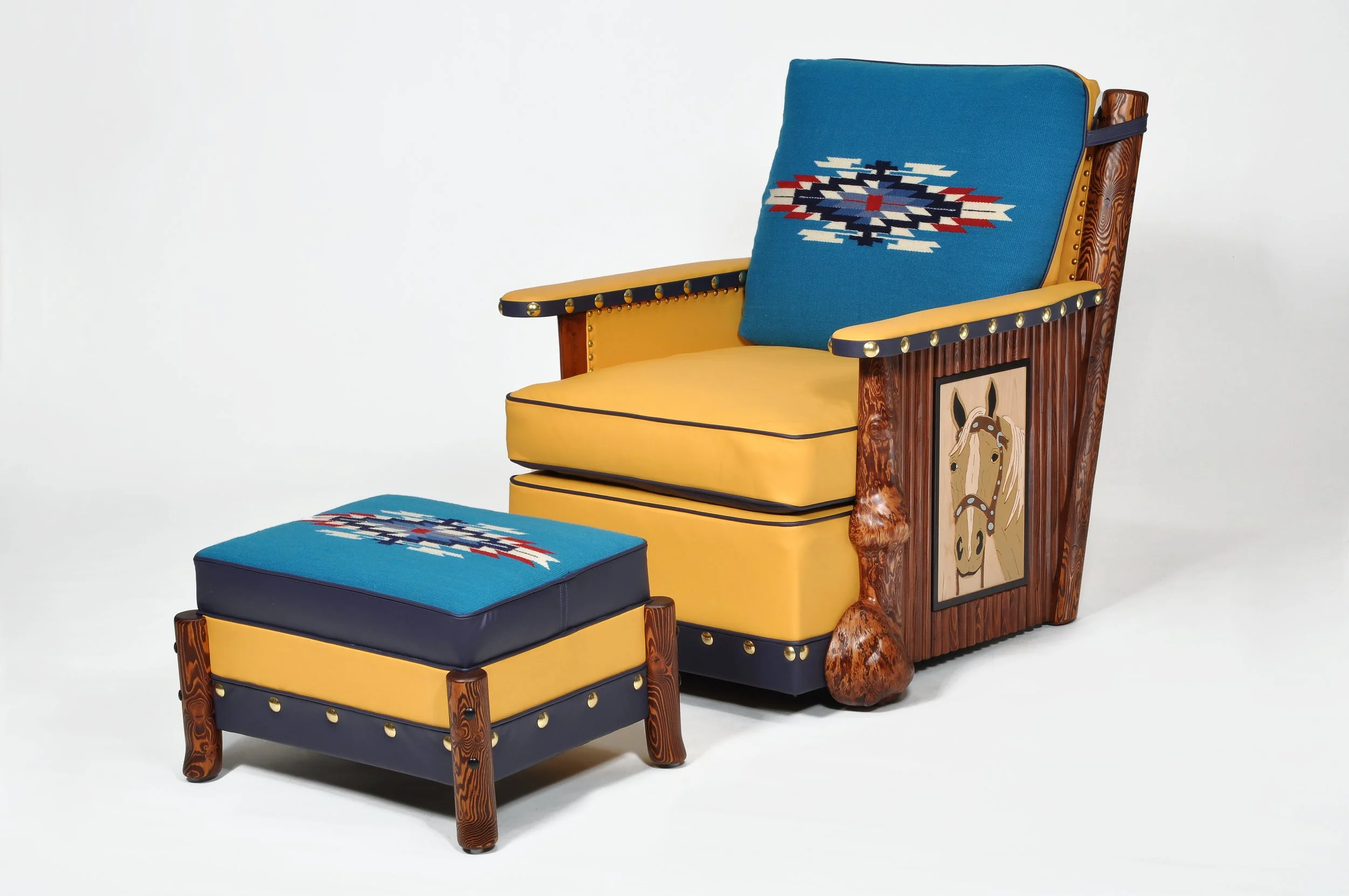 "Silver’s Chimayo Club Chair and Ottoman" by Ian Gallis. Wood, Leather, Hand-Woven Chimayo Wool, Chair – 37.5”h x 37”d x 32”w Ottoman – 25”w x 19”d x 14”h, $11,250.