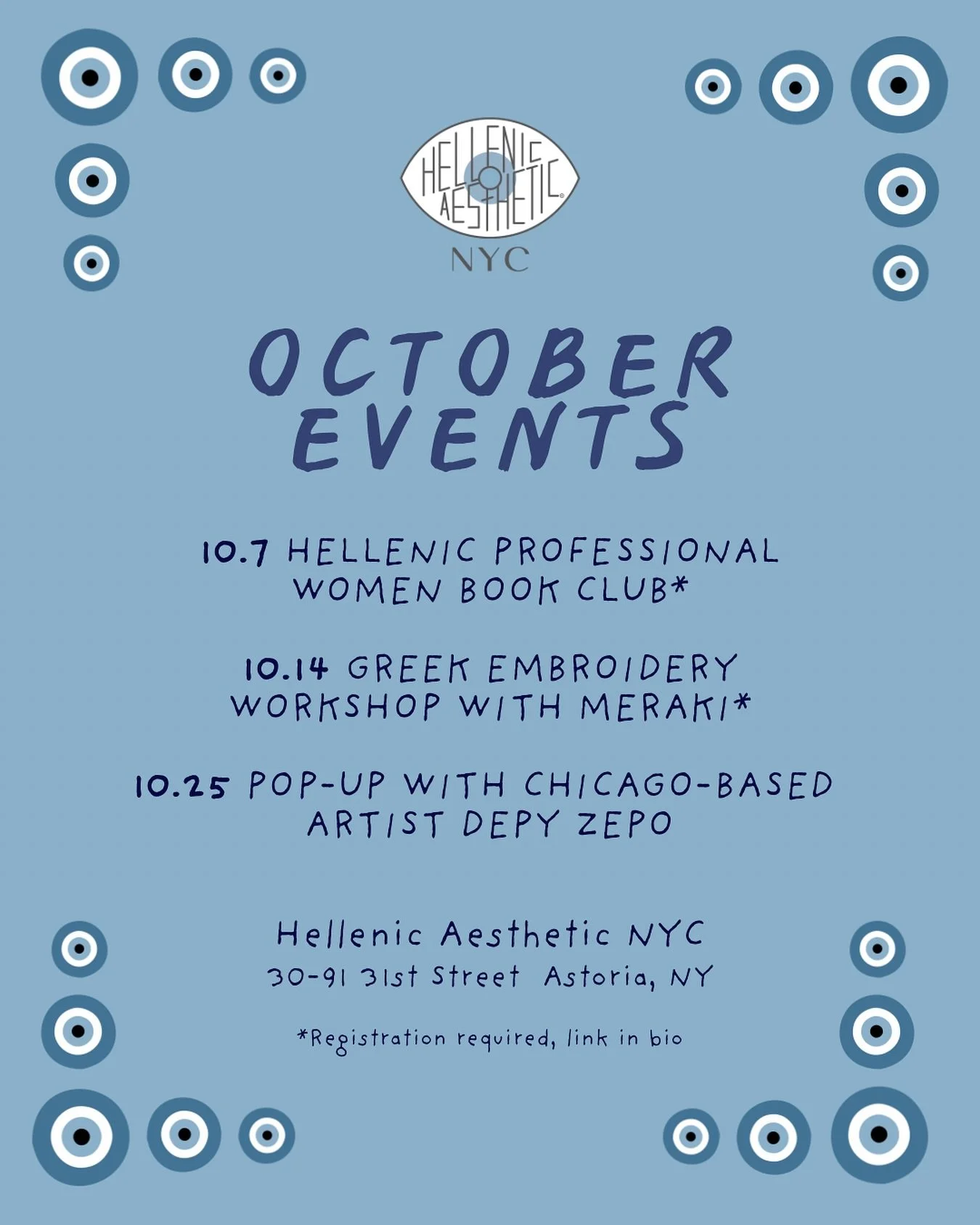 Join us in store for this month&rsquo;s events ✨

@hellenicprofwomen book club this Tuesday
@merakilaographicarts Greek embroidery workshop on October 14
@depyzepo will be visiting from Chicago for a pop up on October 25

More details can be found at