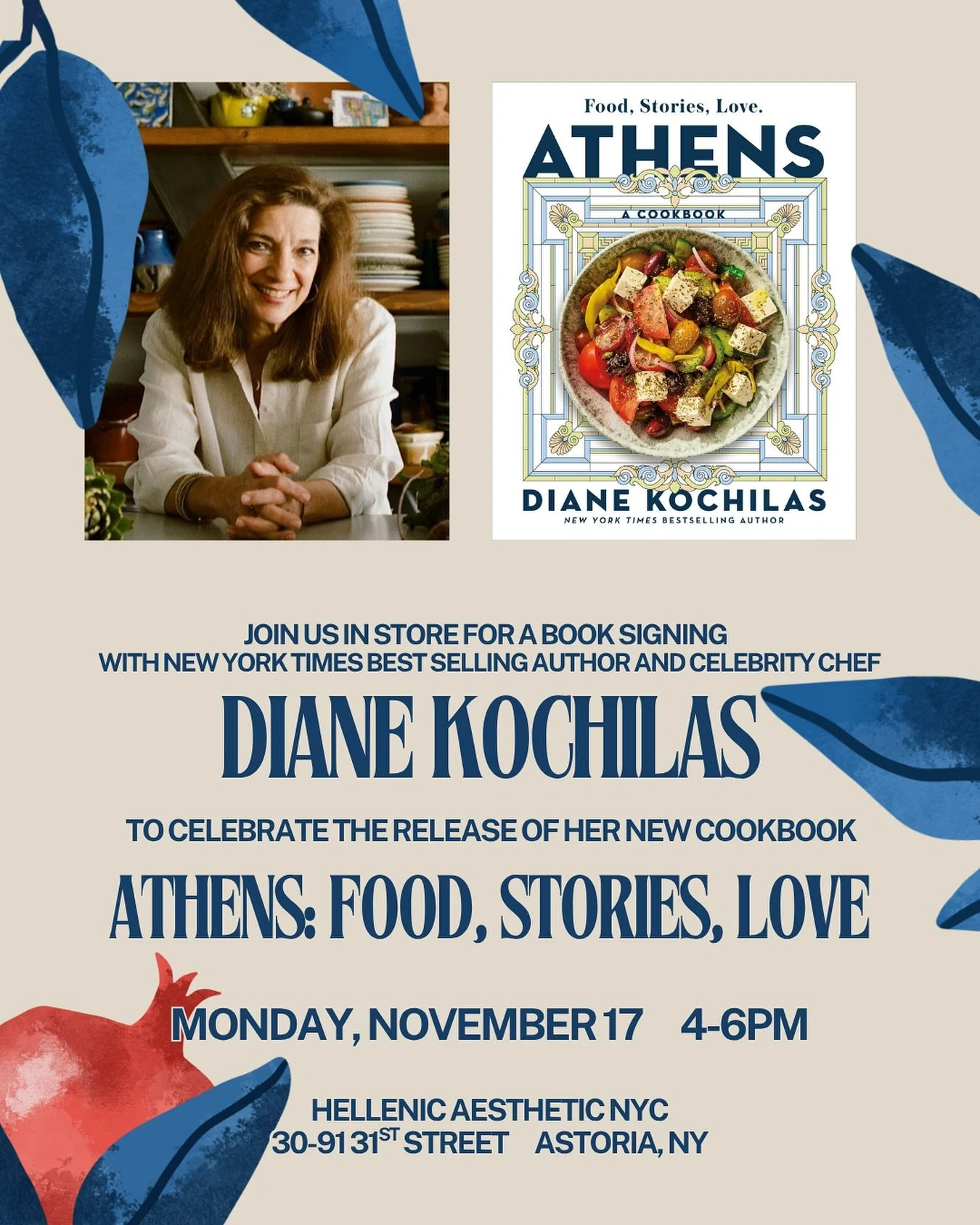 Join us in store this Monday (11/17) from 4-6pm for a special book signing event and meet and greet with Diane Kochilas!

Diane is a Greek American cookbook author, celebrity chef, and cooking school owner. 
 The New York Times bestselling author&rsq