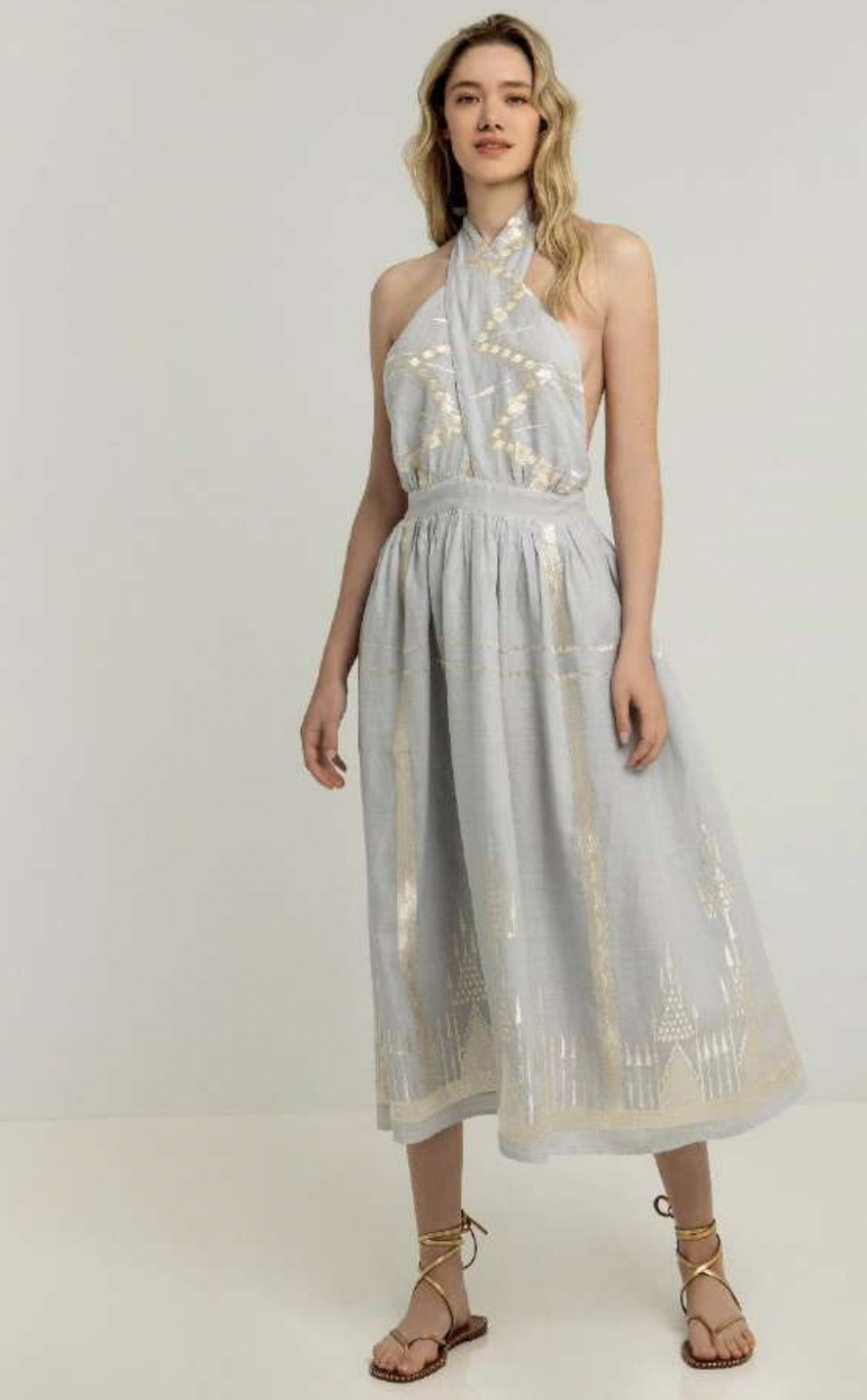 green emerald velvet dress Like A Rose Embroidered Halter Maxi Dress Off White / M