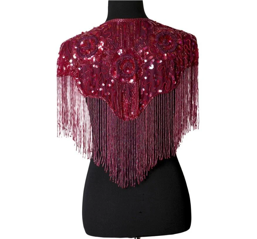 BURGUNDY Sequin Glass Beaded & Sequin FULL Wrap Lace Collar Shoulder Shrug Shawl Applique