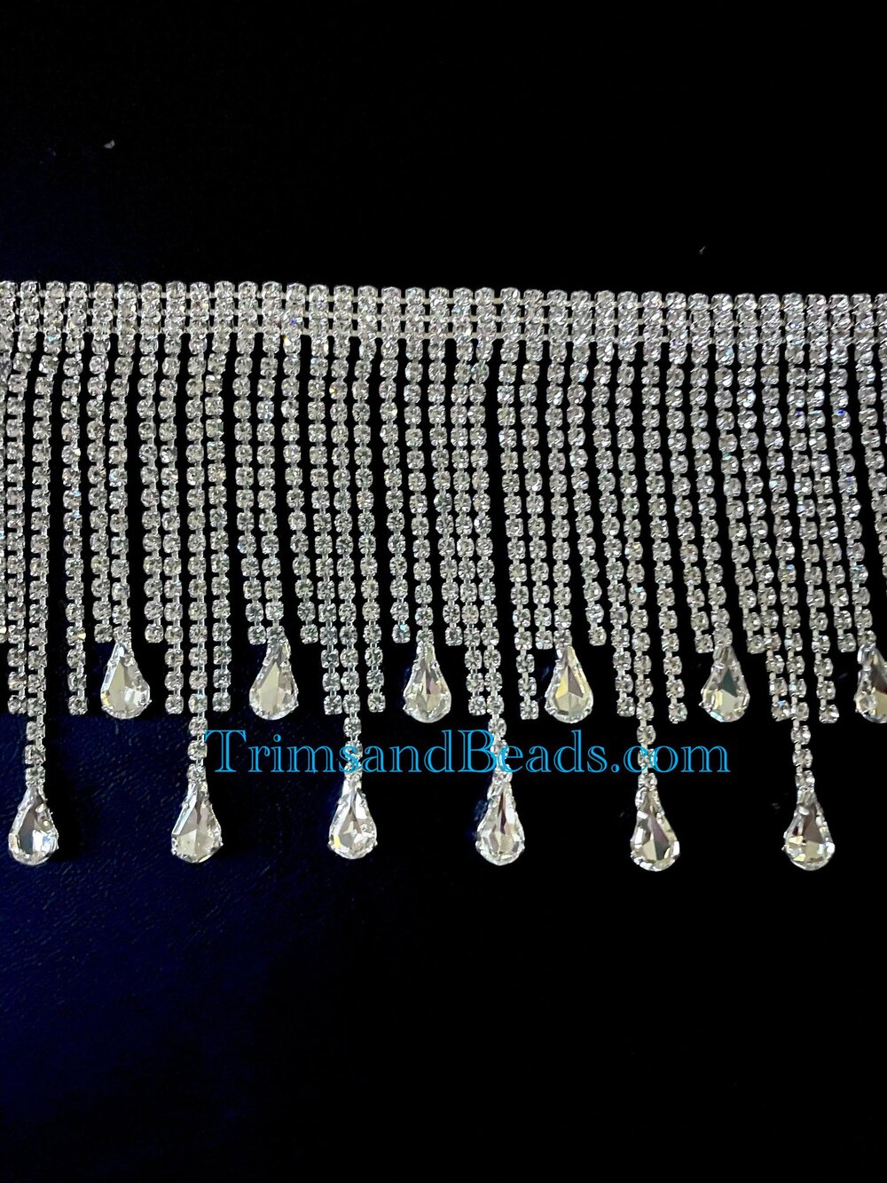 3” SILVER CLEAR Glass RHINESTONE Teardrop End Fringe — Trims and Beads