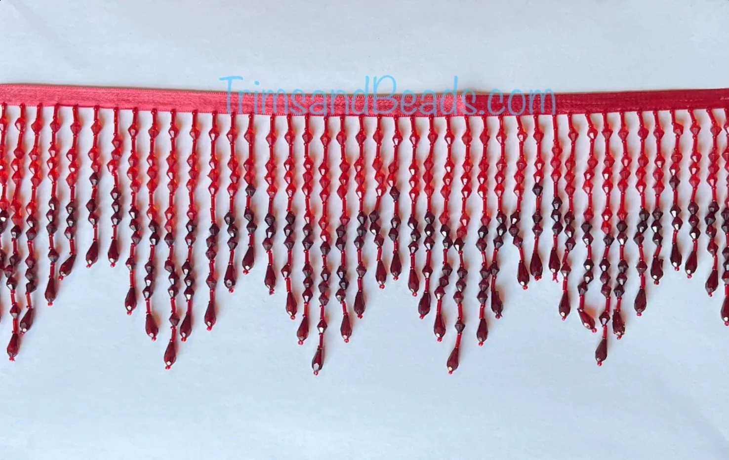 RED/BURGUNDY 5" Acrylic with Glass Seed and Bugle Tube Bead Beaded Fringe Ombre CHEVRON