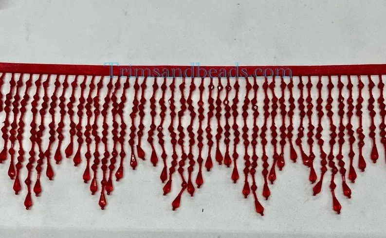 RED 5" Acrylic with Glass Seed and Bugle Tube Bead Beaded Fringe Ombre CHEVRON