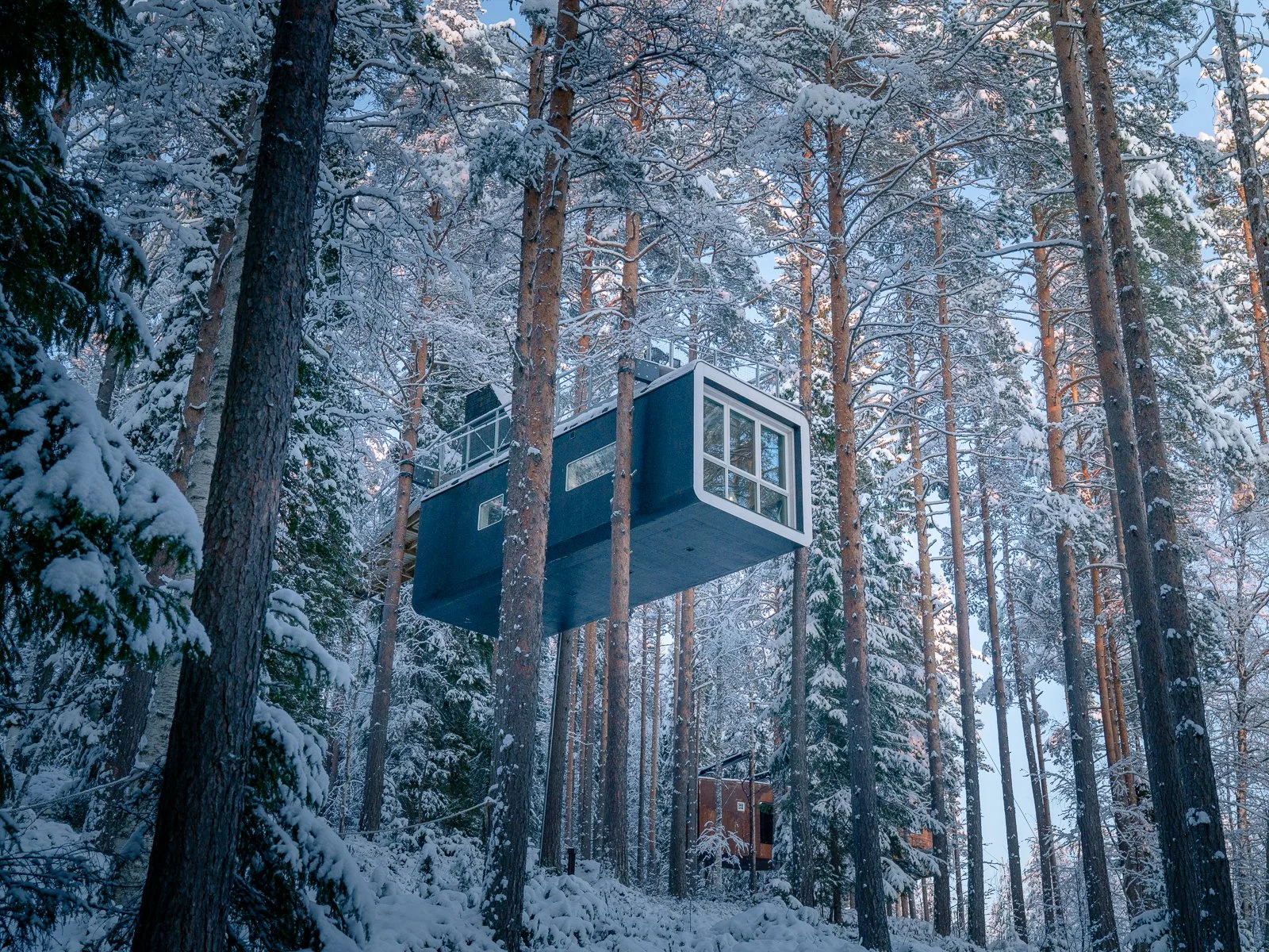 Floating modern blue cabin with large windows in snow-covered pine forest during winter.