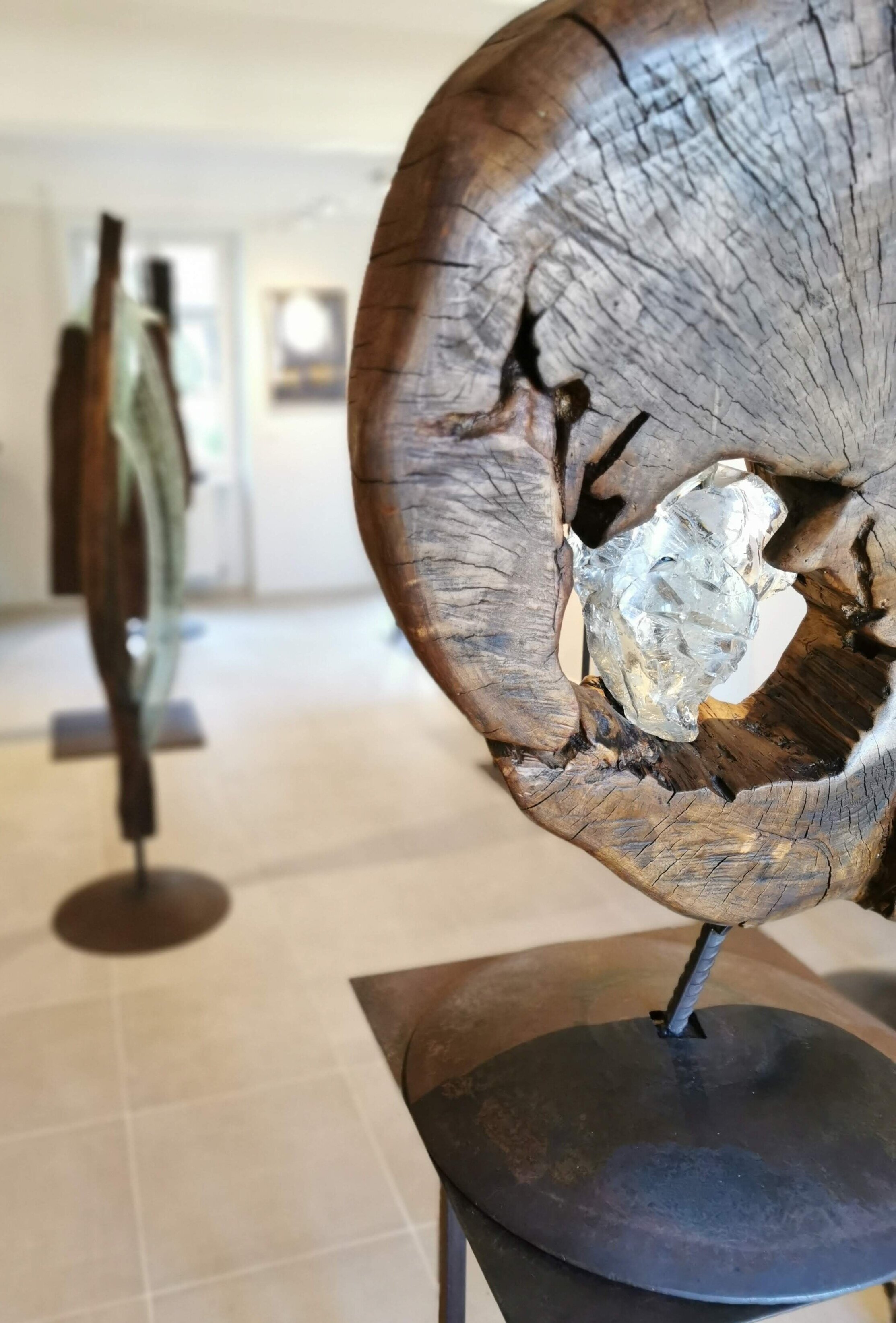 mixed media sculptures by Bernard Froment in wall wood and glass art