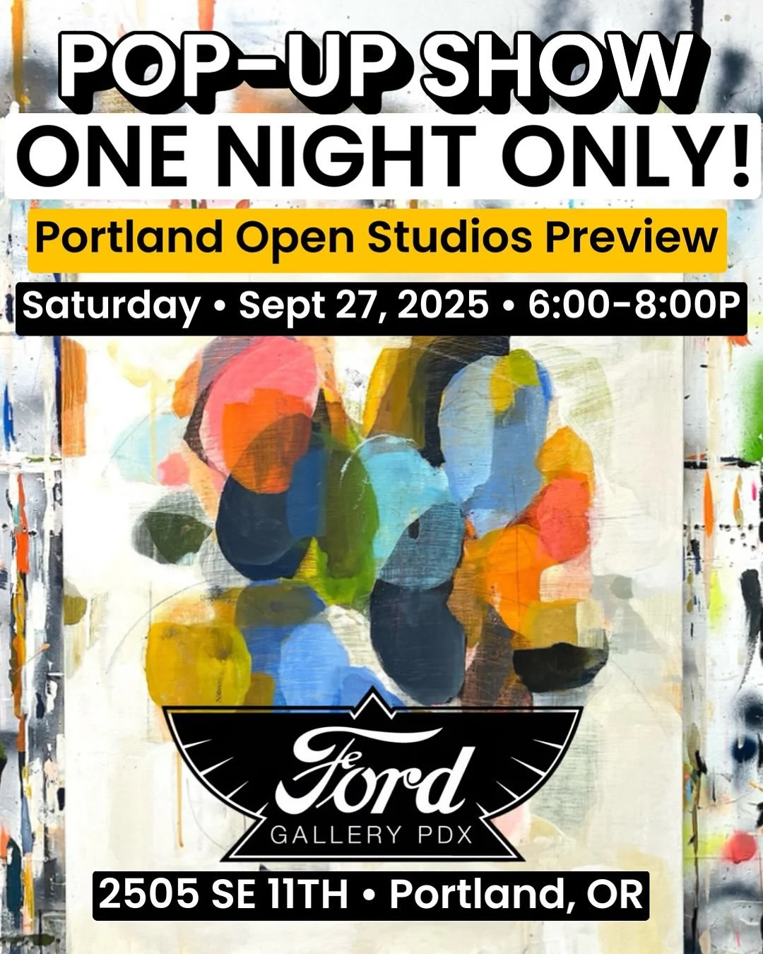 Preview art and meet artists during the @pdxopenstudios Pop-Up Show &amp; Party✨ ONE-NIGHT ONLY✨ Sat Sept 27 (6P-8P) ✨ hosted by @fordgallery.pdx✨ Come thru and be cool.
//
FYI I'm Studio #40 on the tour Oct 11-12 and Oct 18-19 (10A-4P each day). Spe