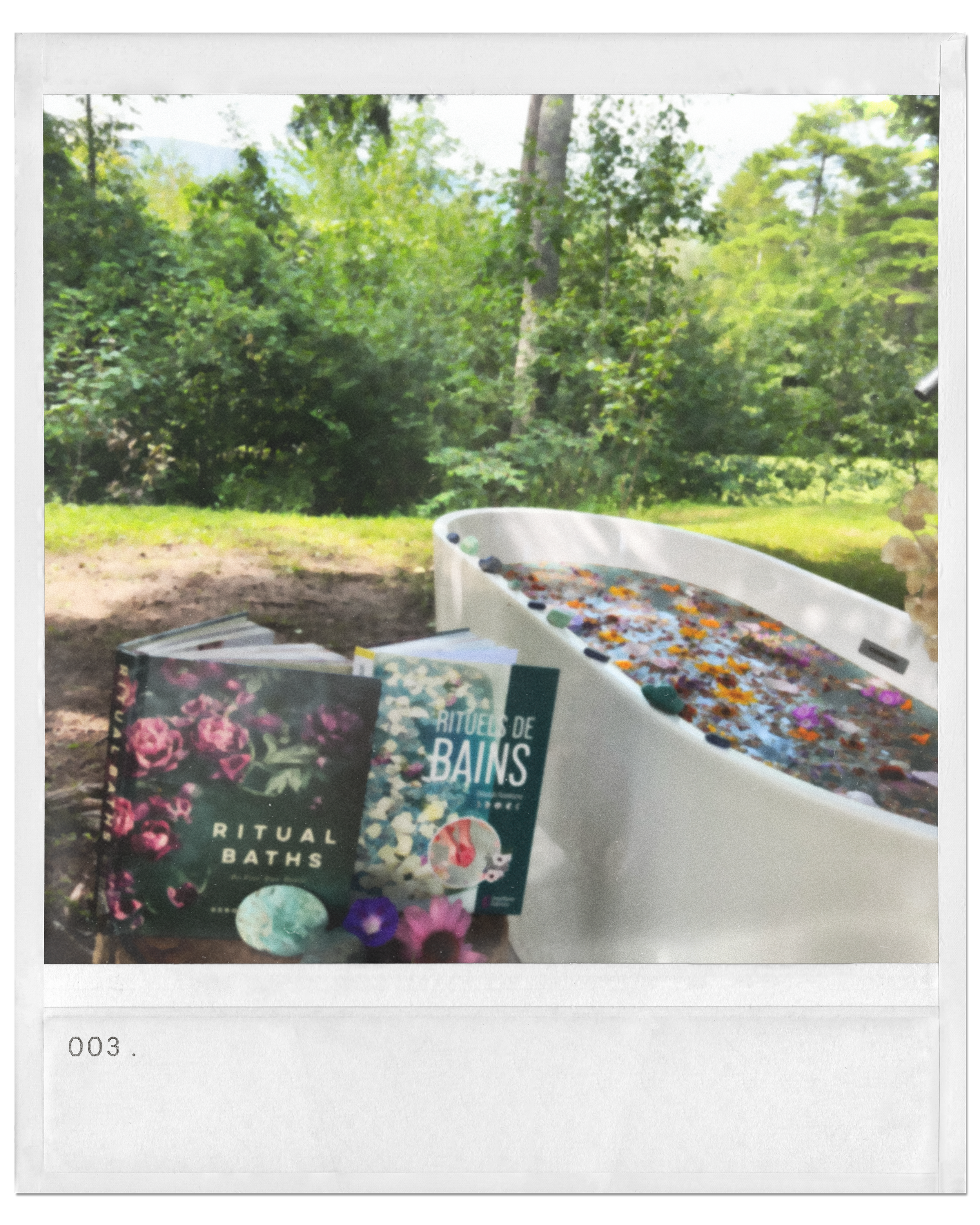a book beside an outdoor bath tub in nature
