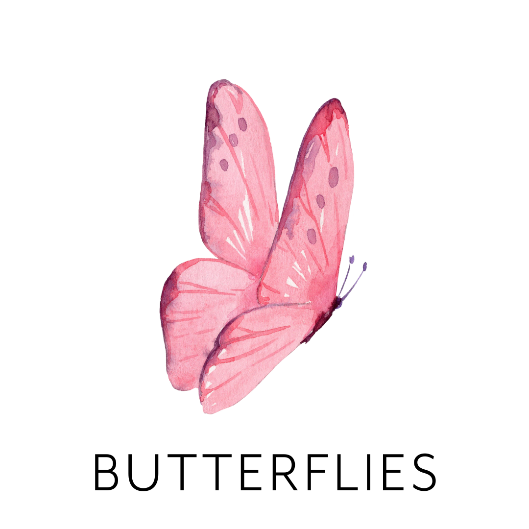 Pink watercolor butterfly with purple spots on its wings.